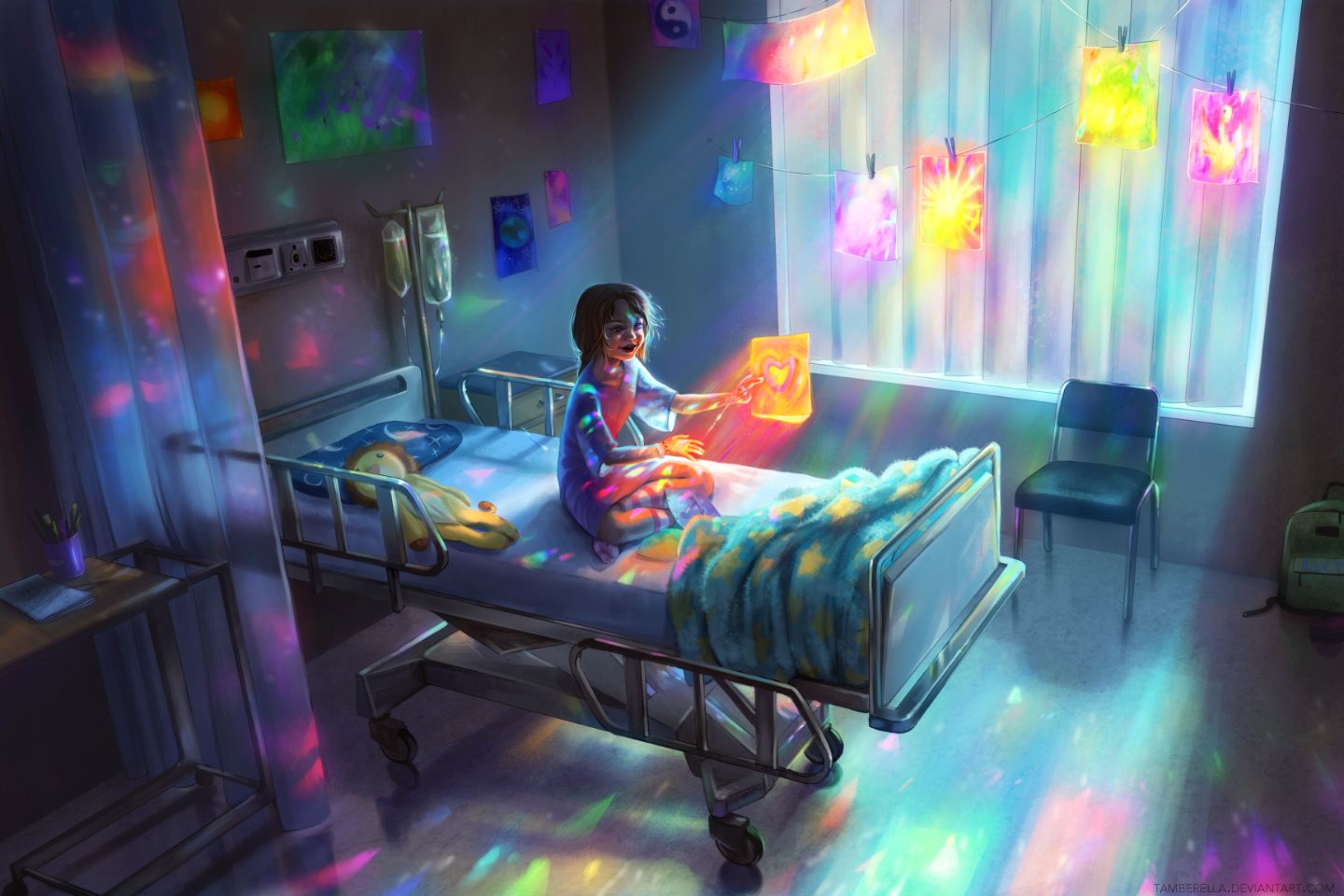 Wallpaper, hospital, bed, little girl, children, artwork, 2D, anime girls, emotion, teddy bears, Youth, digital art 1440x960