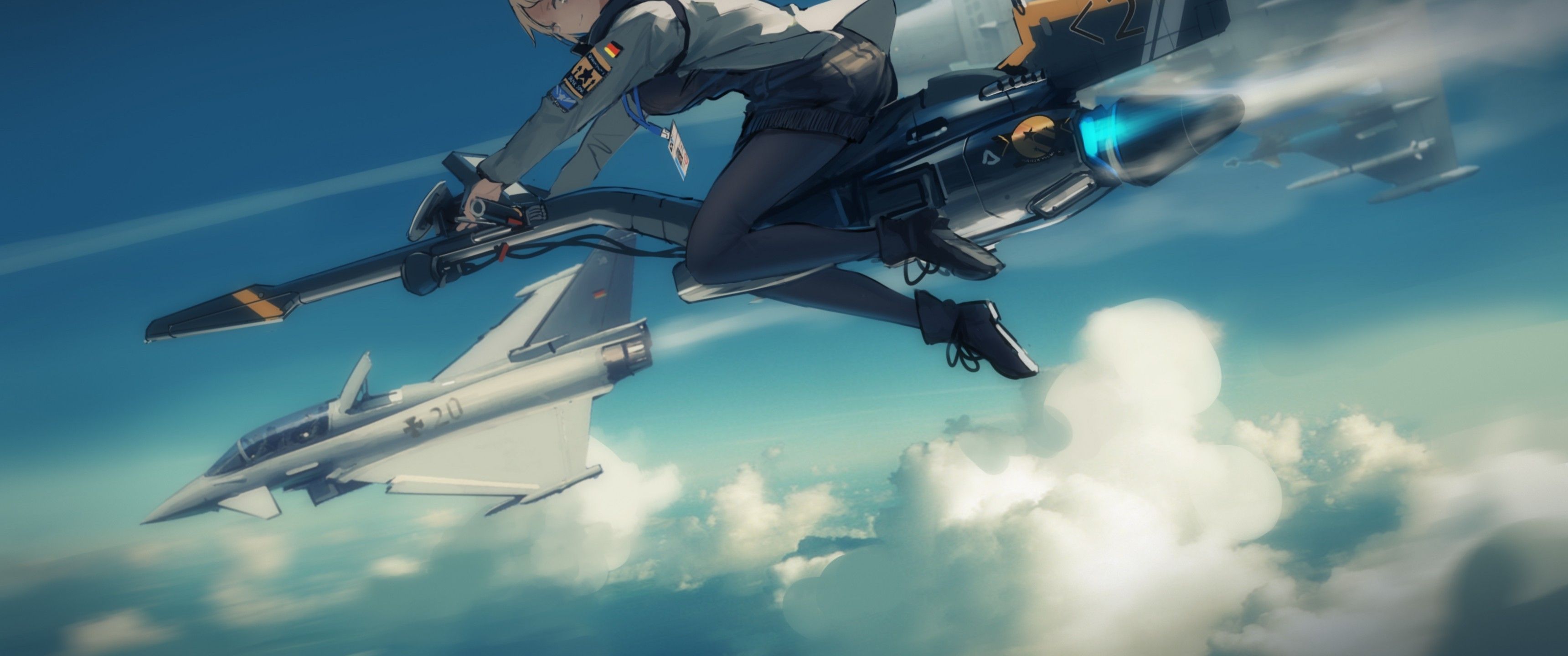 Download 3440x1440 Anime Girl, Sci Fi, Flying, Blonde, Clouds Wallpaper