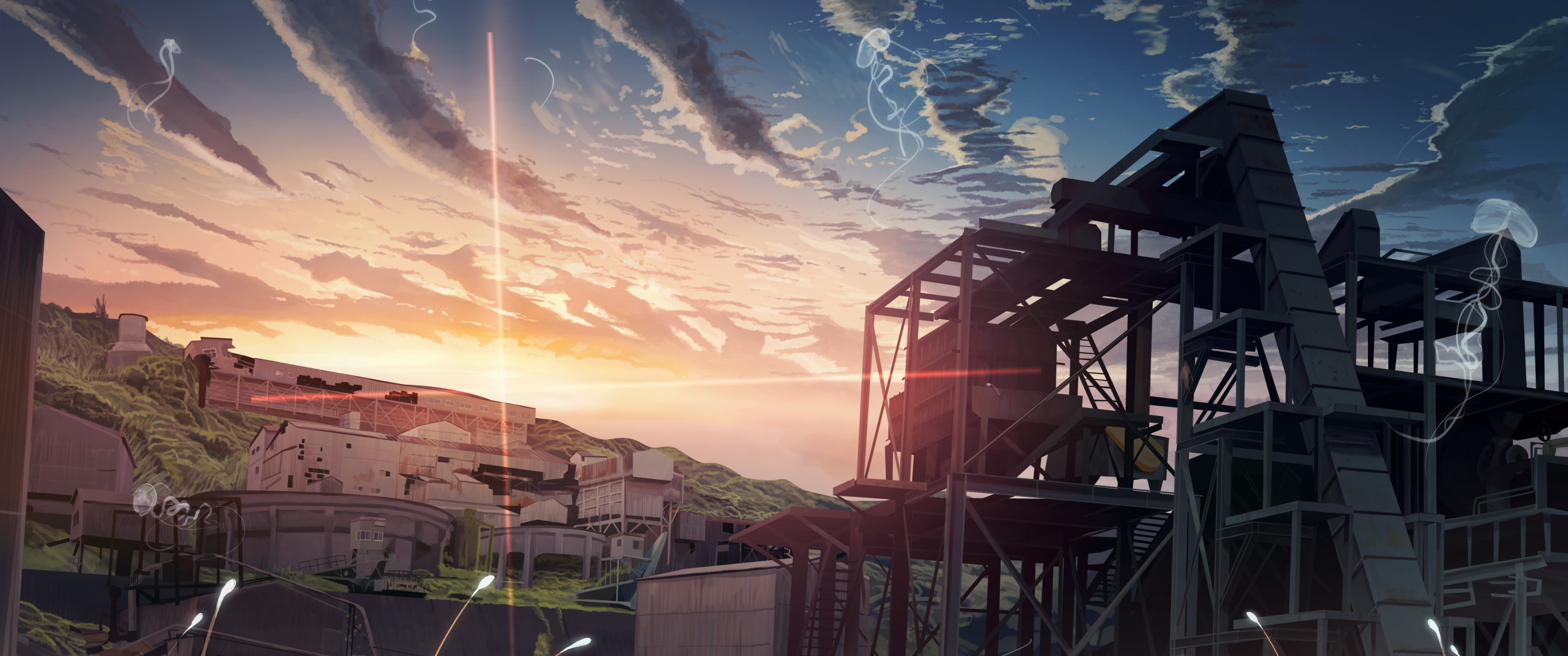 Download 3440x1440 Anime Landscape, Sunset, Clouds Wallpaper