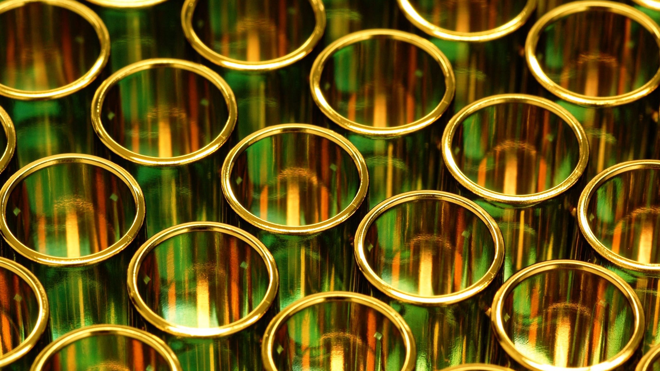 Download wallpaper 2560x1440 gold, pipes, circles, shapes widescreen 16:9 HD background