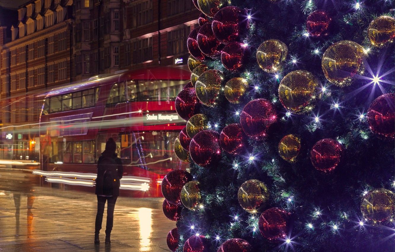 Wallpaper lights, holiday, street, England, London, Christmas, bus image for desktop, section город