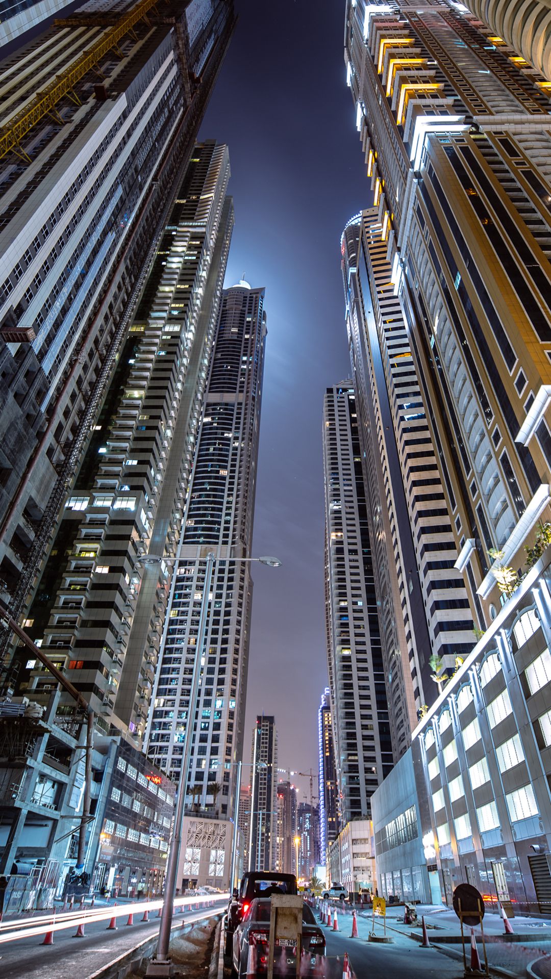 Wallpaper, architecture, building, cityscape, skyscraper, city, portrait display, street, night, car, United Arab Emirates, Dubai, road sign 1080x1920