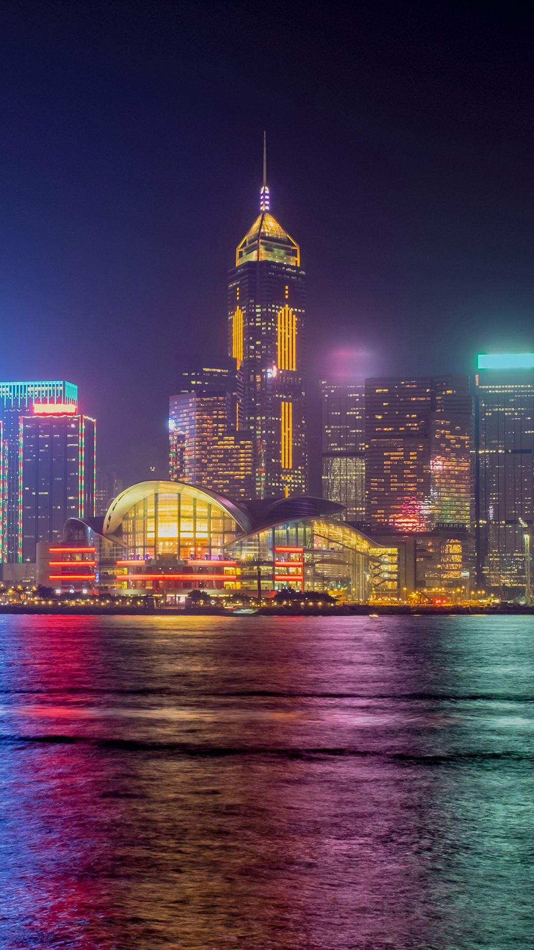 Wallpaper, architecture, building, cityscape, skyscraper, city, portrait display, Hong Kong, water, colorful, reflection, night, lights 1080x1920