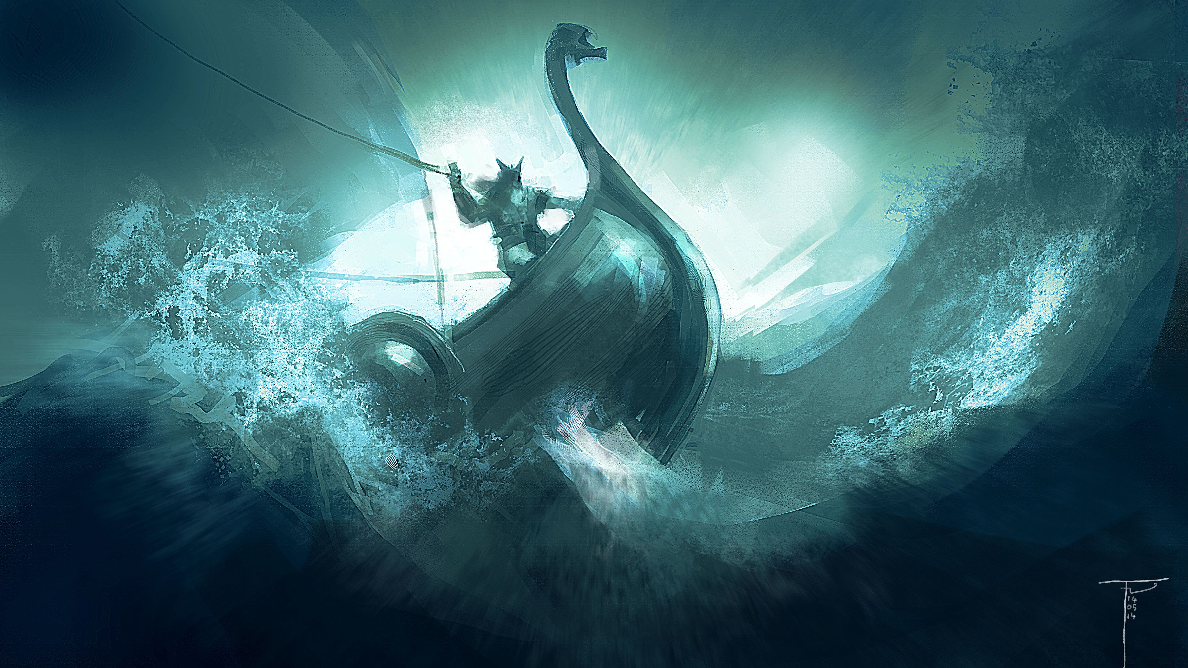 Image Fantasy Sea viking Waves Ships 3840x2160