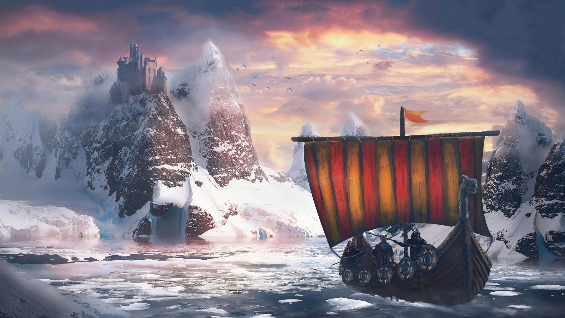 Download 1920x1080 Viking Ship, Winter, Castle, Mountain, Artwork, Clouds, Water Wallpaper for Widescreen