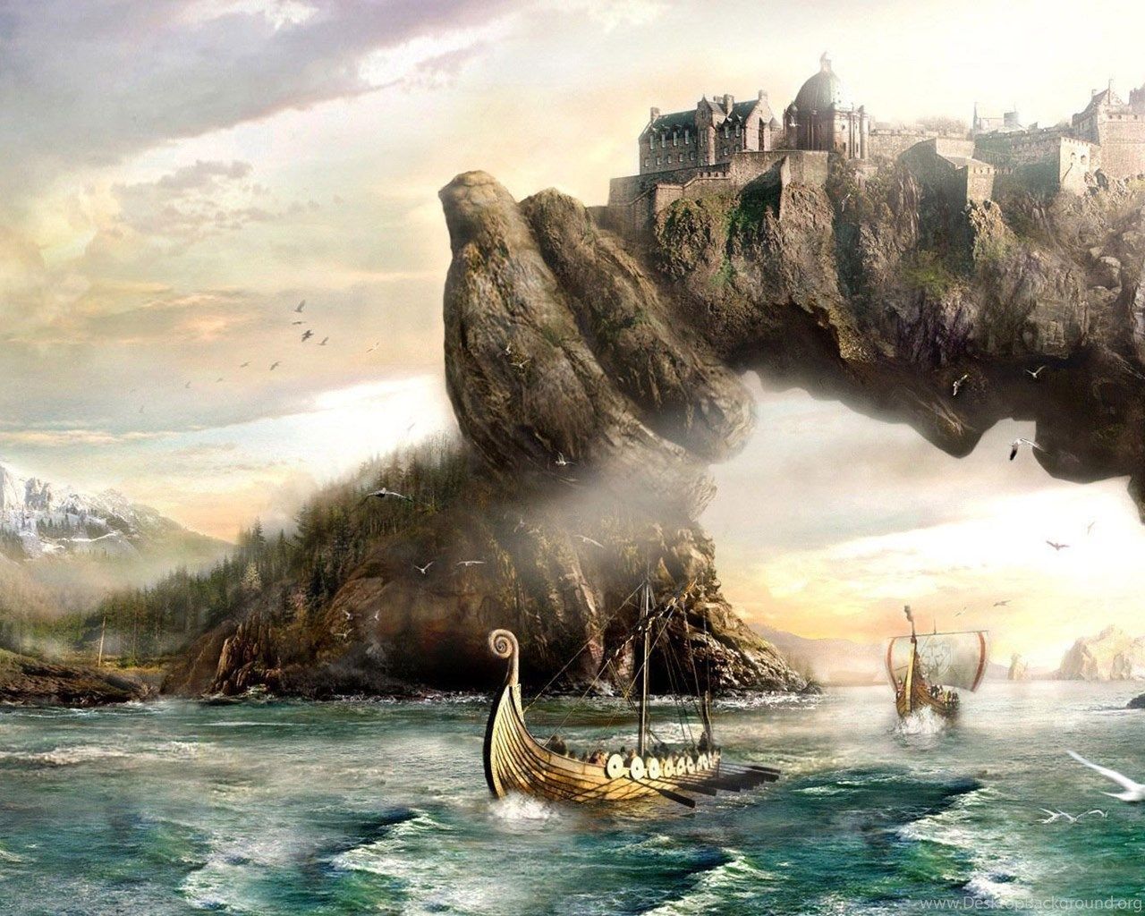 Viking Ship And The Kingdom On The Arch Wallpaper Fantasy. Desktop Background