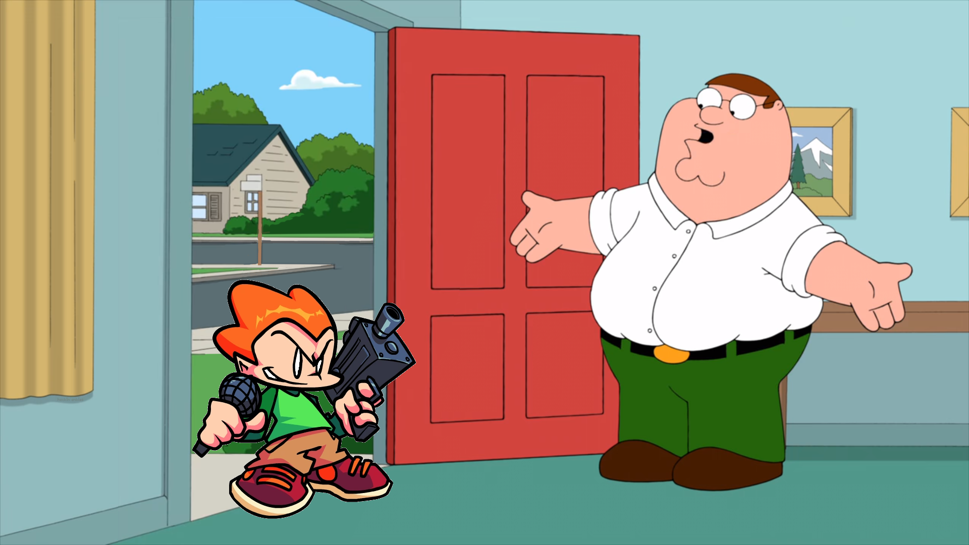 Holy crap, Lois! It's Pico, from Newgrounds! Recently inexplicably popularized by Friday Night Funkin!. Peter Griffin At The Door / Holy Crap Lois, It's X!