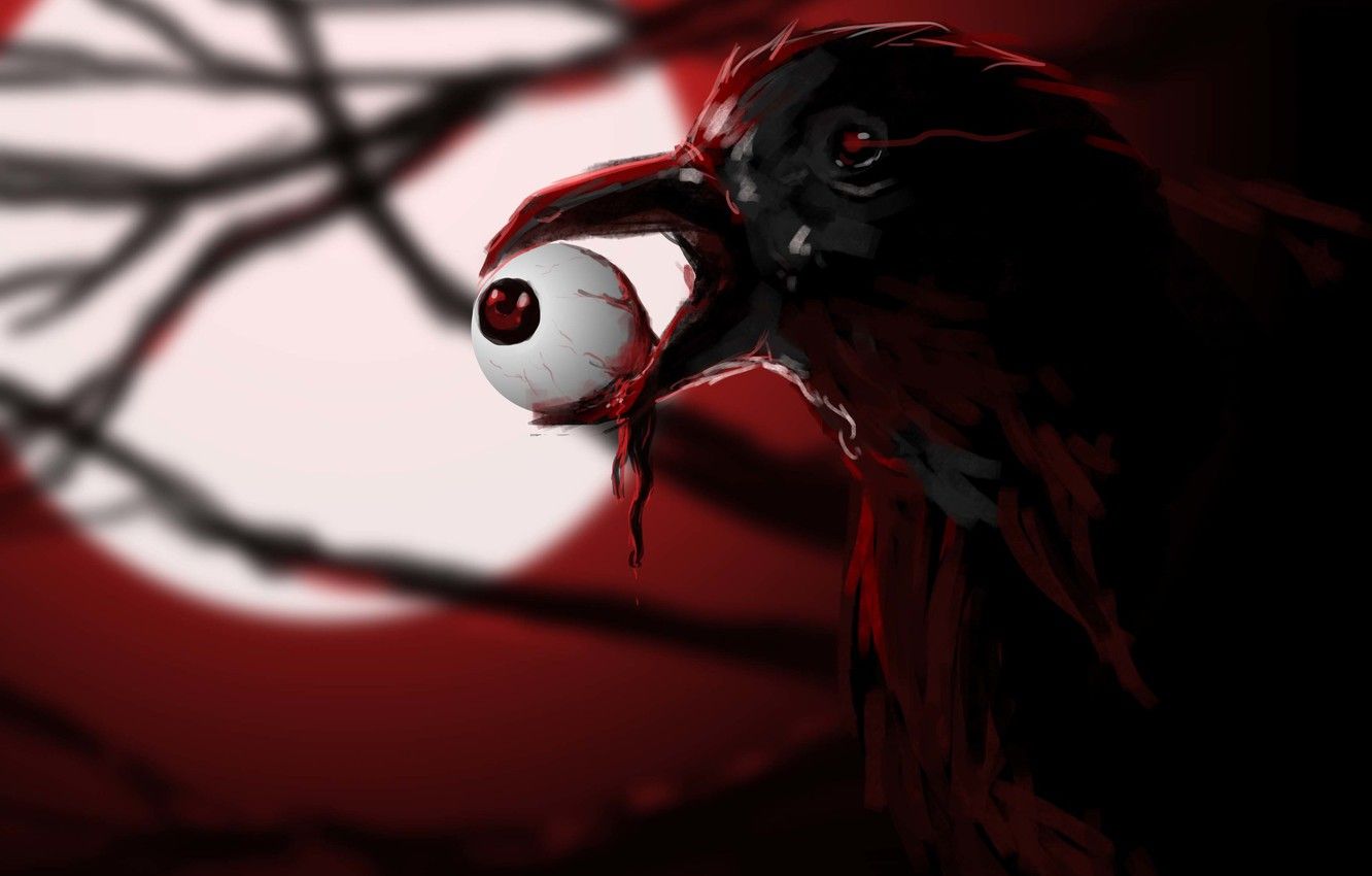 Wallpaper eyes, bird, blood, art, Raven, eyeball image for desktop, section живопись
