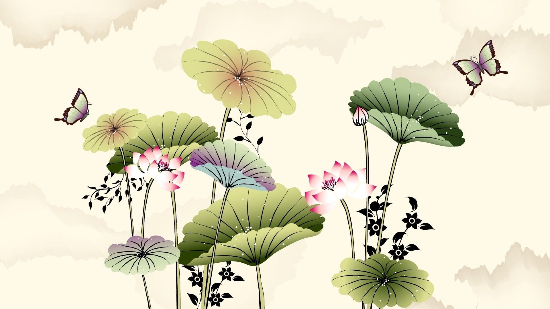 Wallpaper Art drawing, lotus, butterfly, Chinese style 1920x1080 Full HD 2K Picture, Image