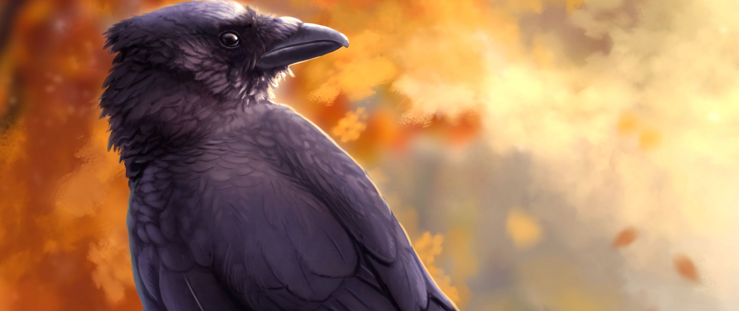 Download wallpaper 2560x1080 raven, bird, art, black, autumn dual wide 1080p HD background