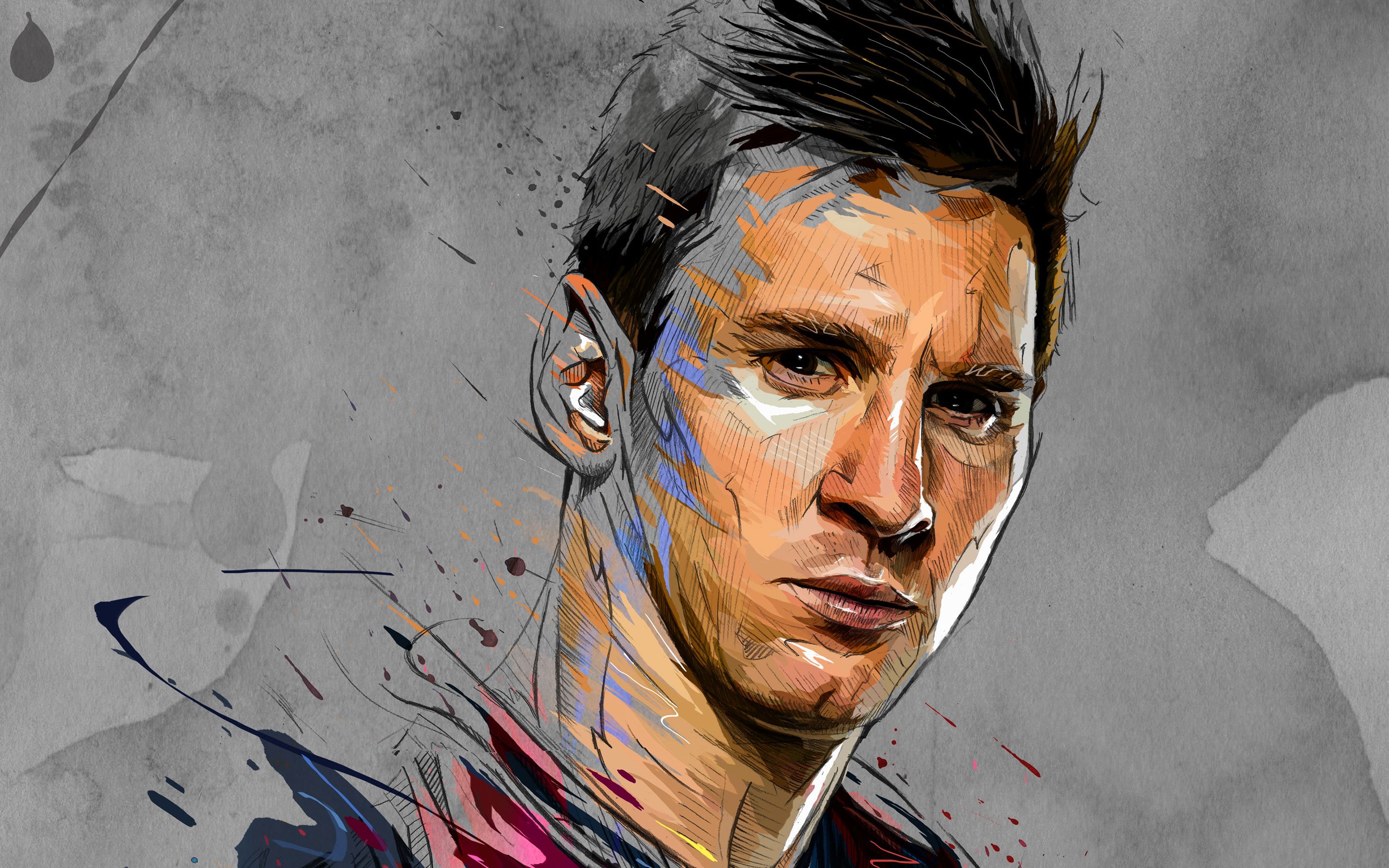 Download wallpaper Messi, art, football stars, Lionel Messi, FC Barcelona, footballers, FCB, soccer, Leo Messi for desktop with resolution 2880x1800. High Quality HD picture wallpaper