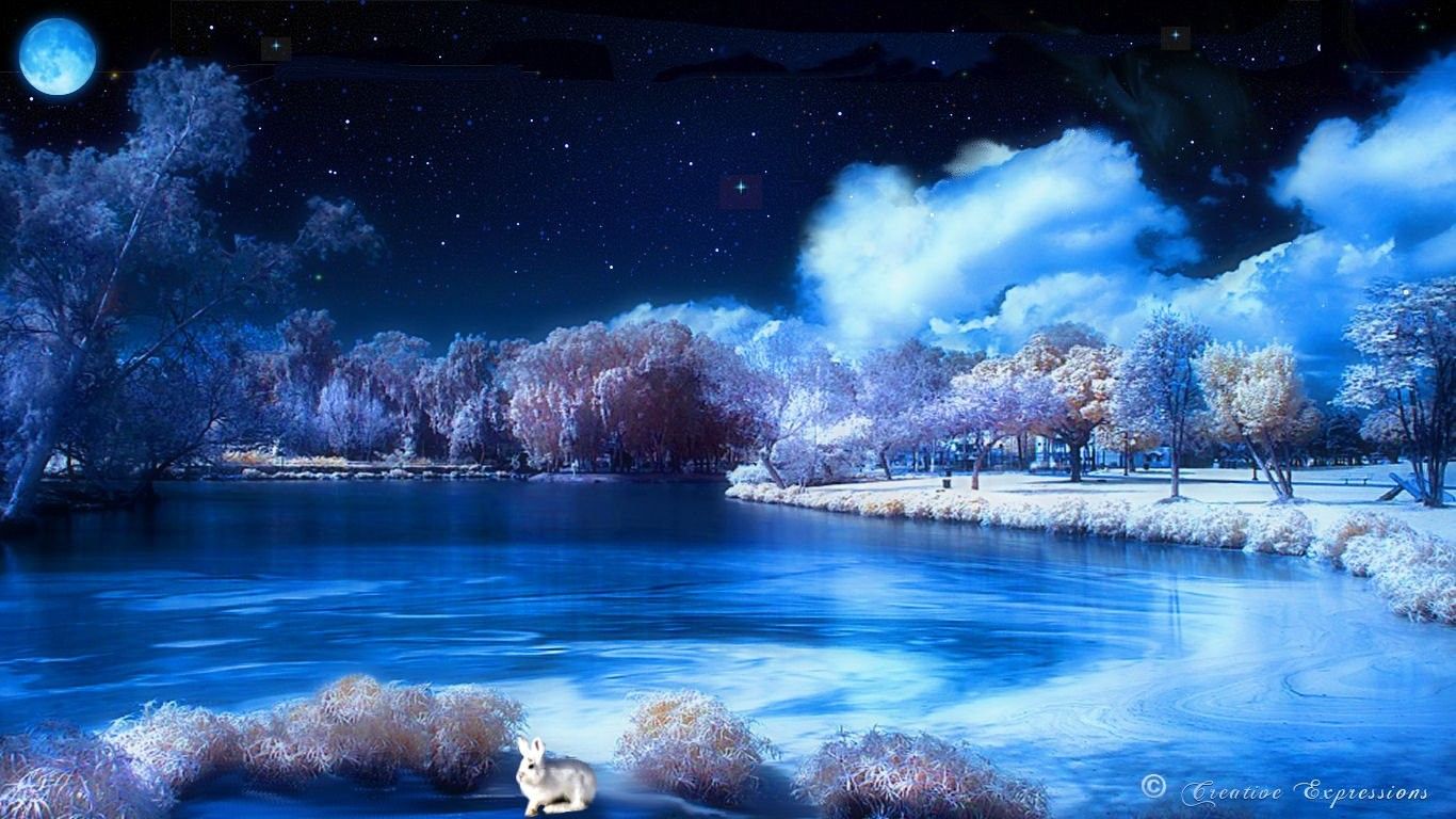 Blue Lake At Night Wallpaper HD For Desktop Background