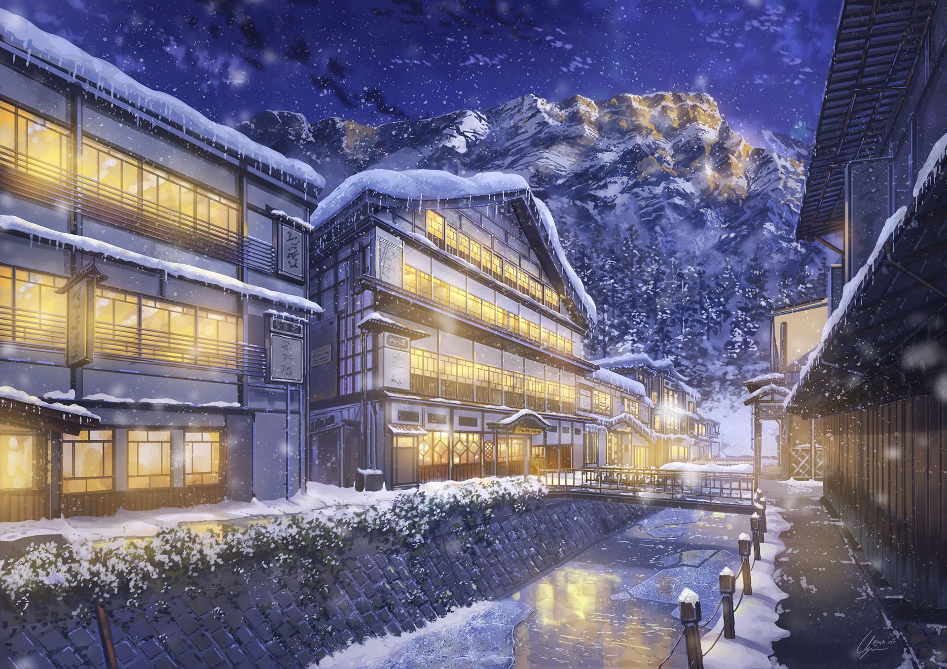Anime Night Mountains Building Snow Winter Wallpaper:1920x1357