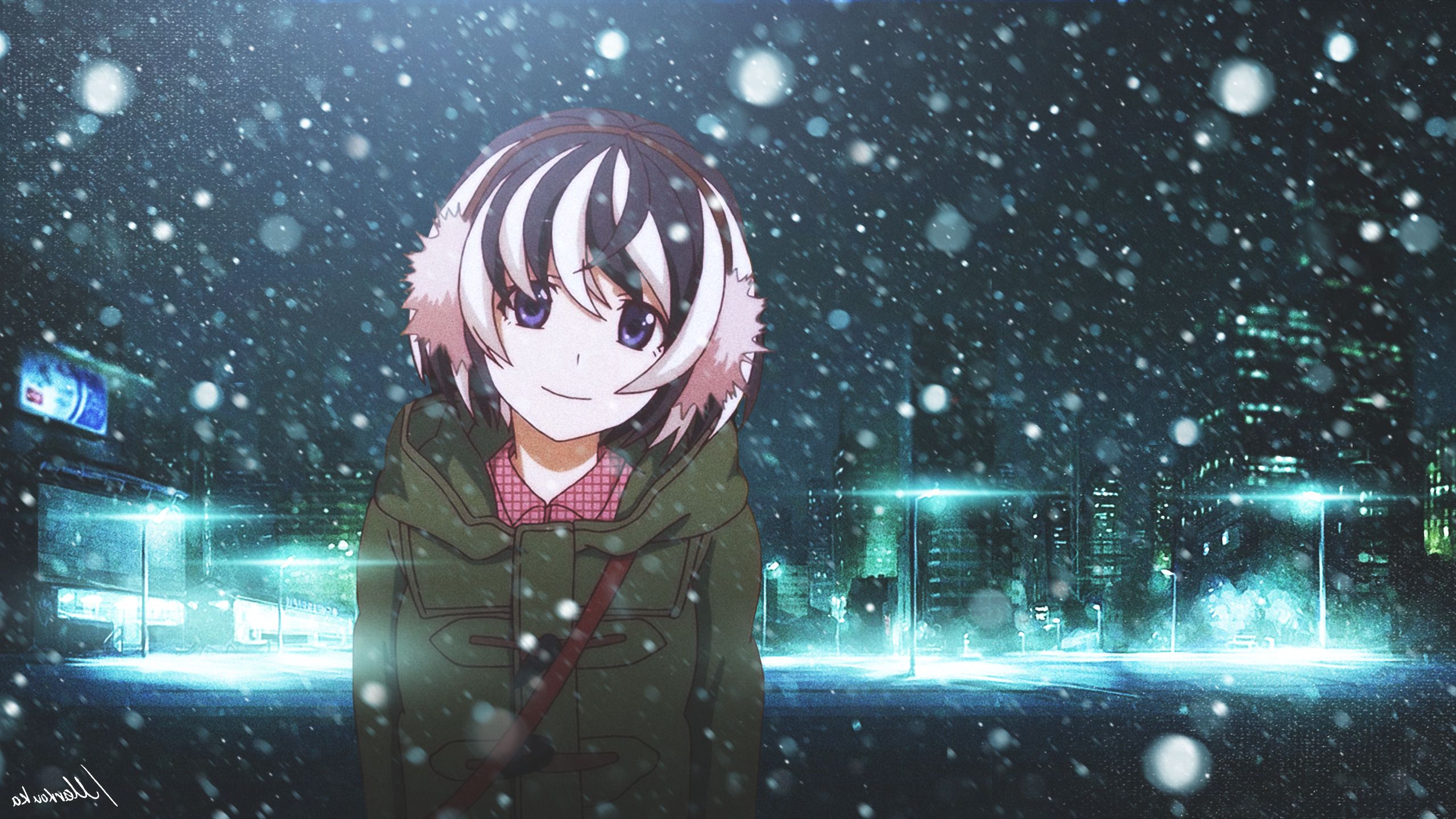 monogatari series hanekawa tsubasa winter night city snow anime wallpaper