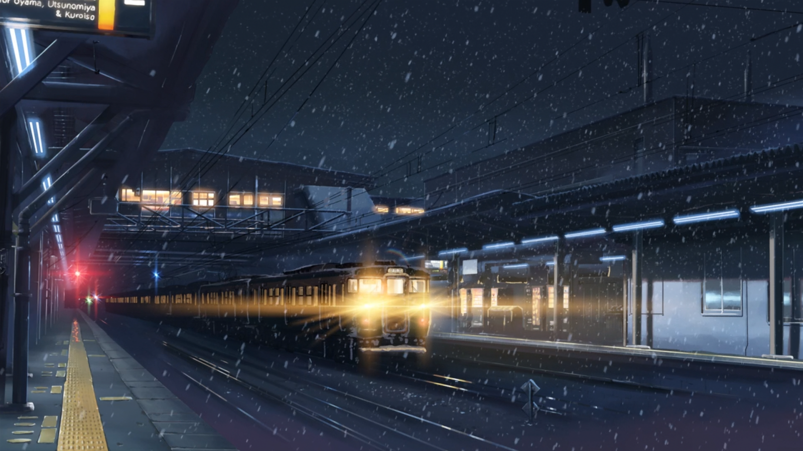 Wallpaper, anime, winter, lights, train station, snow, night, 5 Centimeters Per Second, Makoto Shinkai 1920x1080