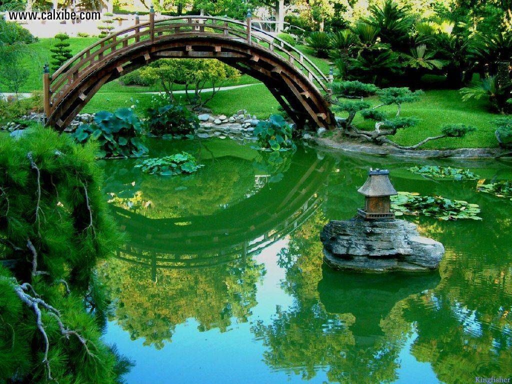 Japanese Garden Bridge over Pond Beautiful picture Wallpaper