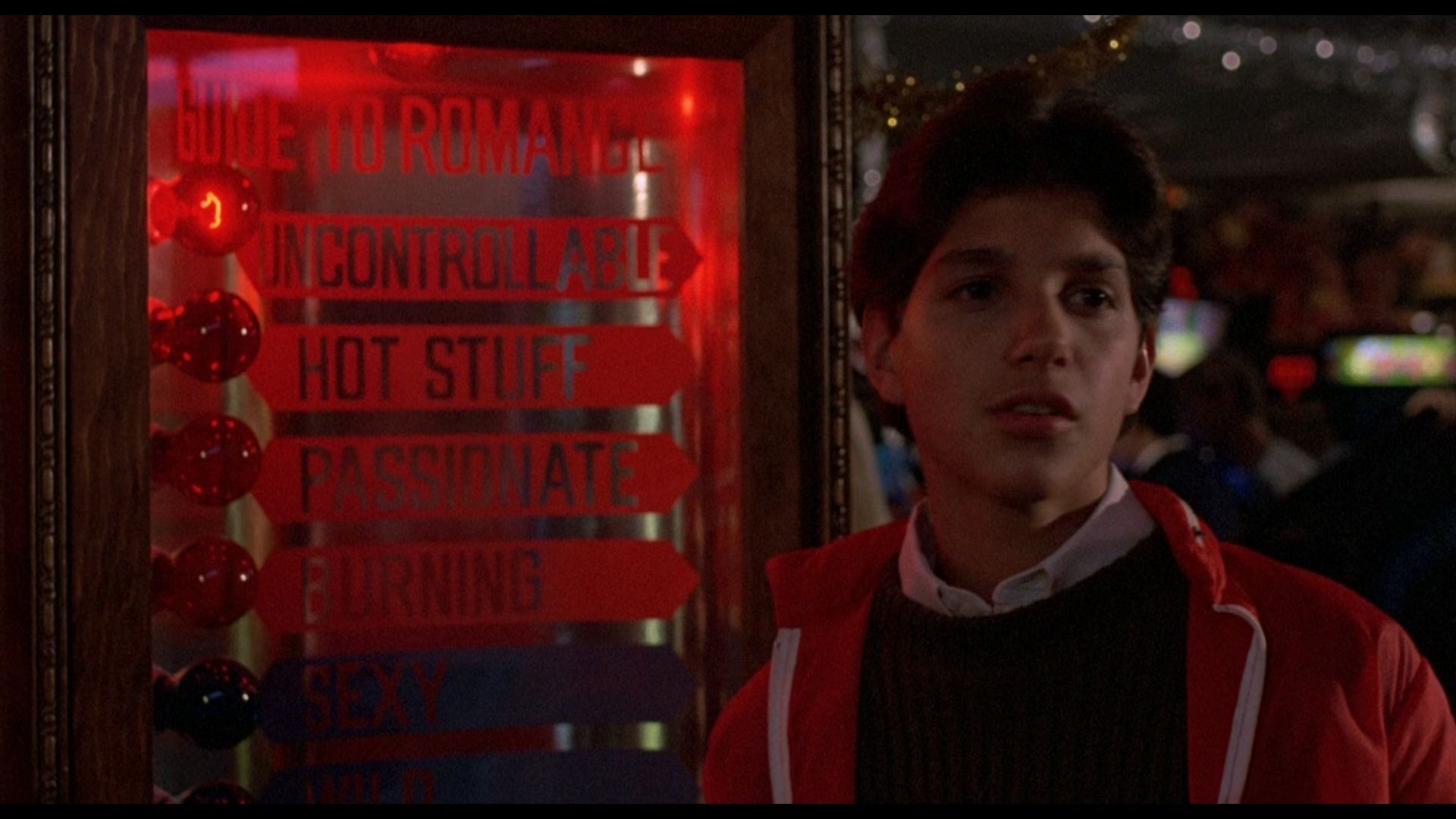 In the Karate Kid (1984), when Daniel is going to find Ali at the arcade, the love meter next to him is lit up at “Uncontrollable”