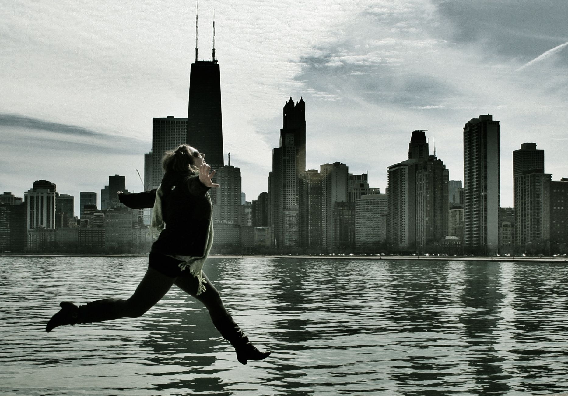 Wallpaper, lake, Chicago, water, sunglasses, skyline, clouds, skyscraper, Canon, buildings, spring, jump, jumping, boots, lakemichigan, lakeshoredrive, leap, northavenuebeach, johnhancocktower, flickraward 1866x1300 - Wallpaper