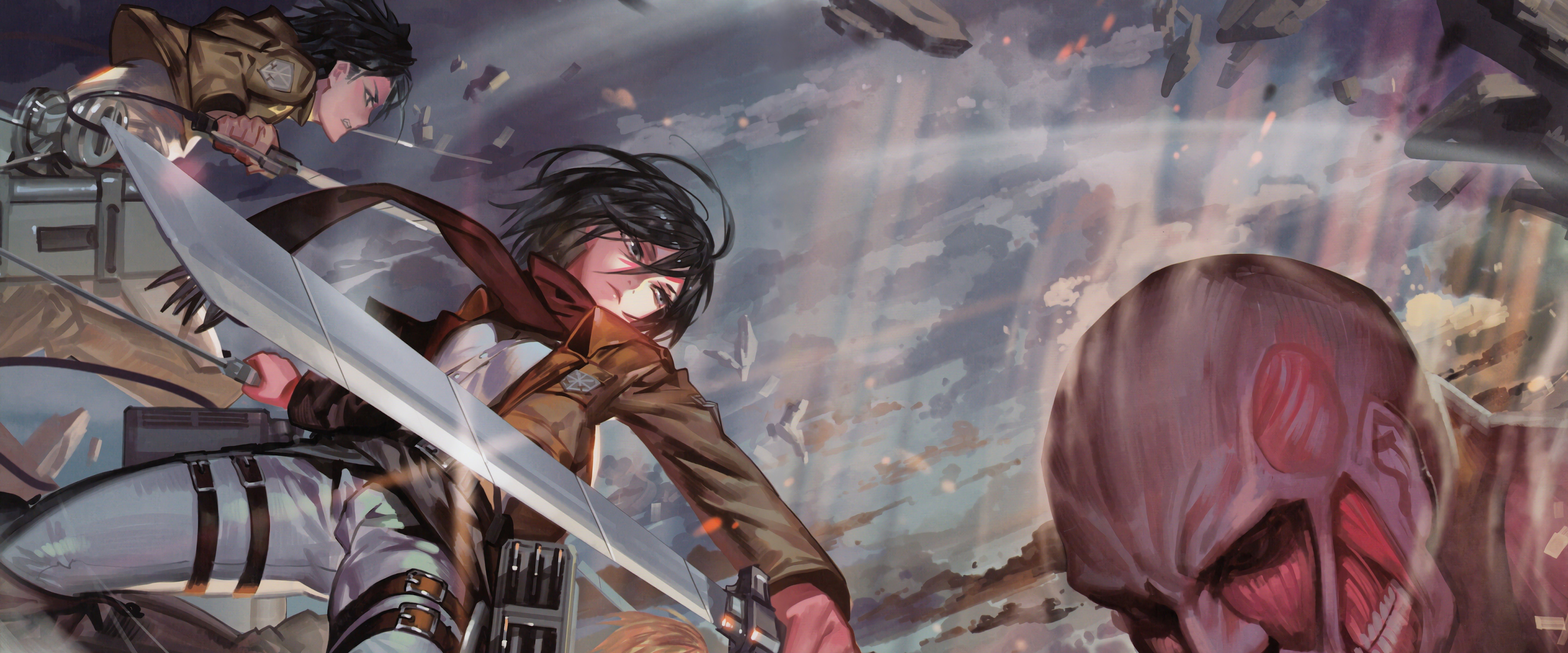 Mikasa Levi Colossal Titan Attack on Titan 8K Wallpaper