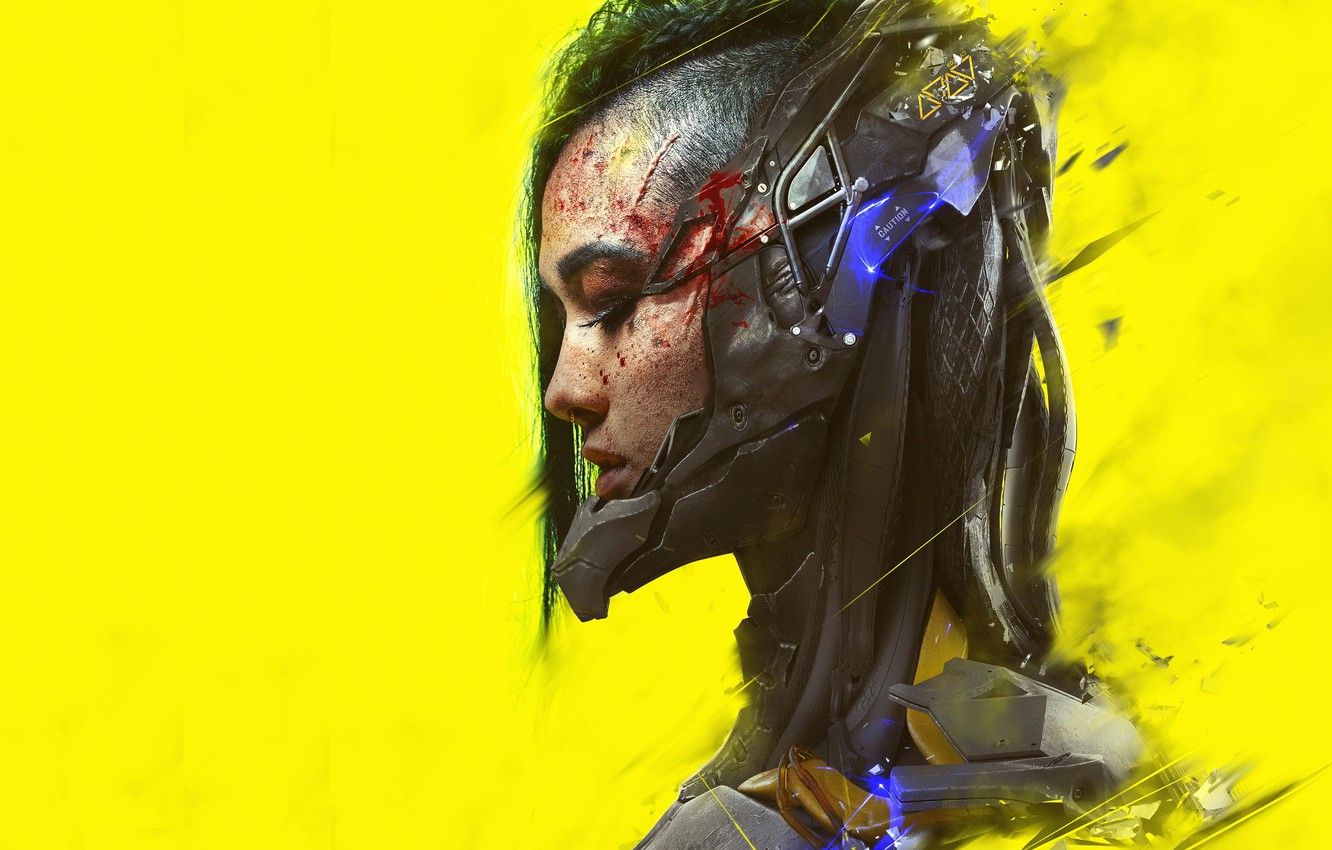 Wallpaper girl, art, profile, cyberpunk, yellow background, cyberpunk image for desktop, section фантастика