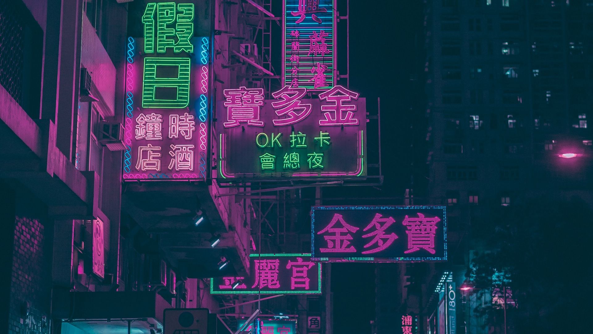 Neon Neon Lights Signs Street Building Hong Kong Neon Glow Wallpaper:1920x1080