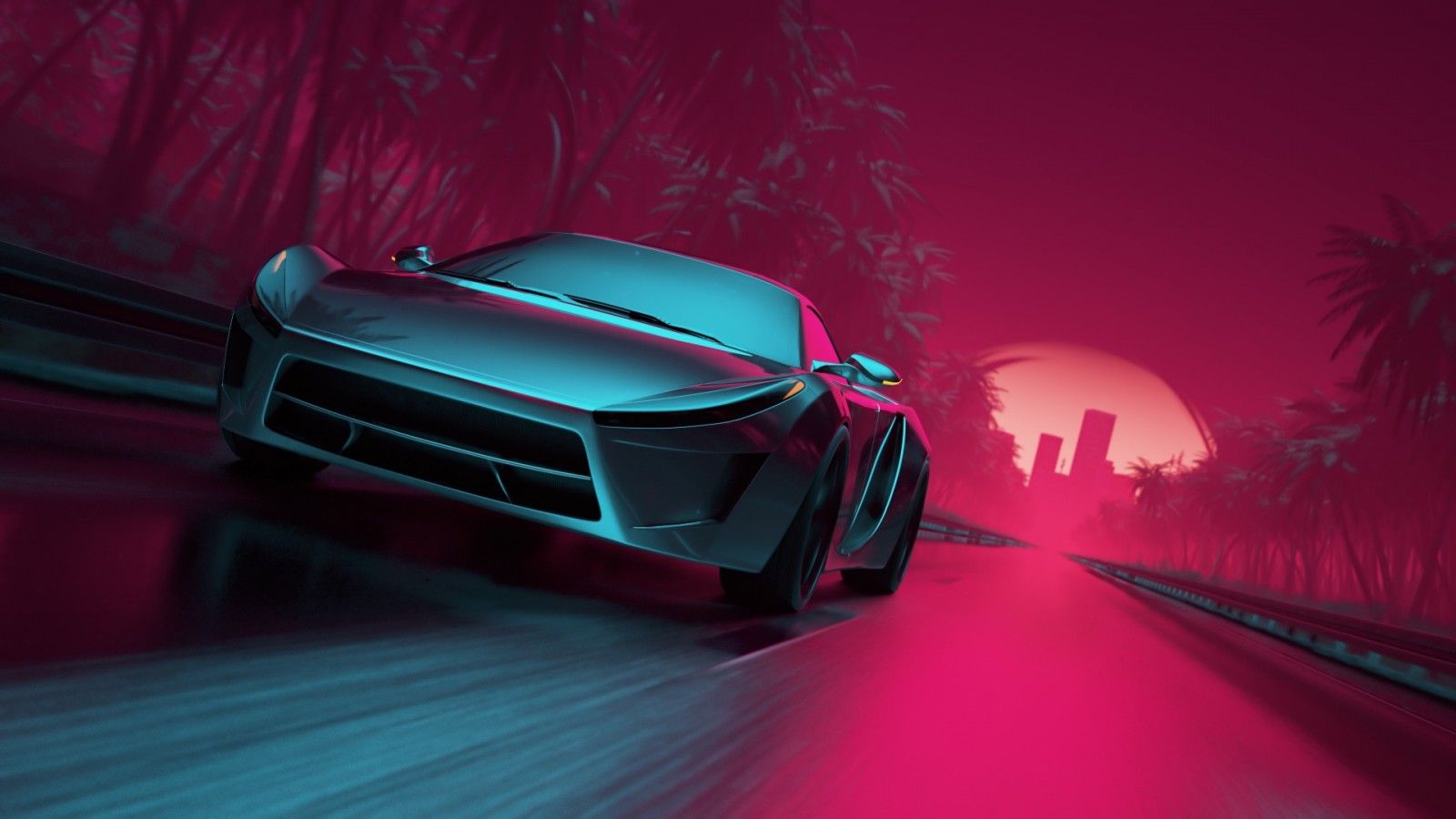 Wallpaper, neon, synthwave, car, vehicle, road, artwork 1920x1080