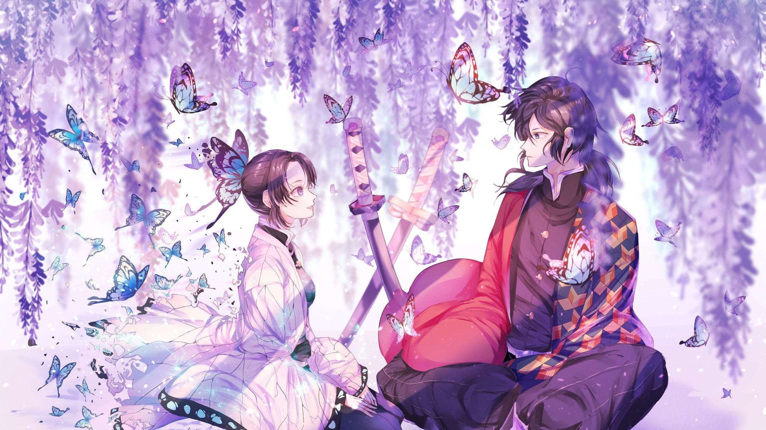 Demon Slayer Giyuu Tomioka Shinobu Kochou Sitting Near Swords Flying Butterflies Under Purple Flowers HD Anime Wallpaper</a> Wallpaper