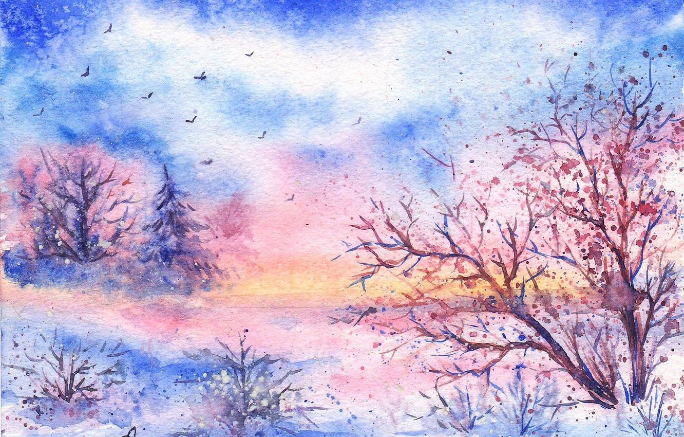 Wallpaper winter, snow, trees, birds, watercolor, painted landscape image for desktop, section живопись