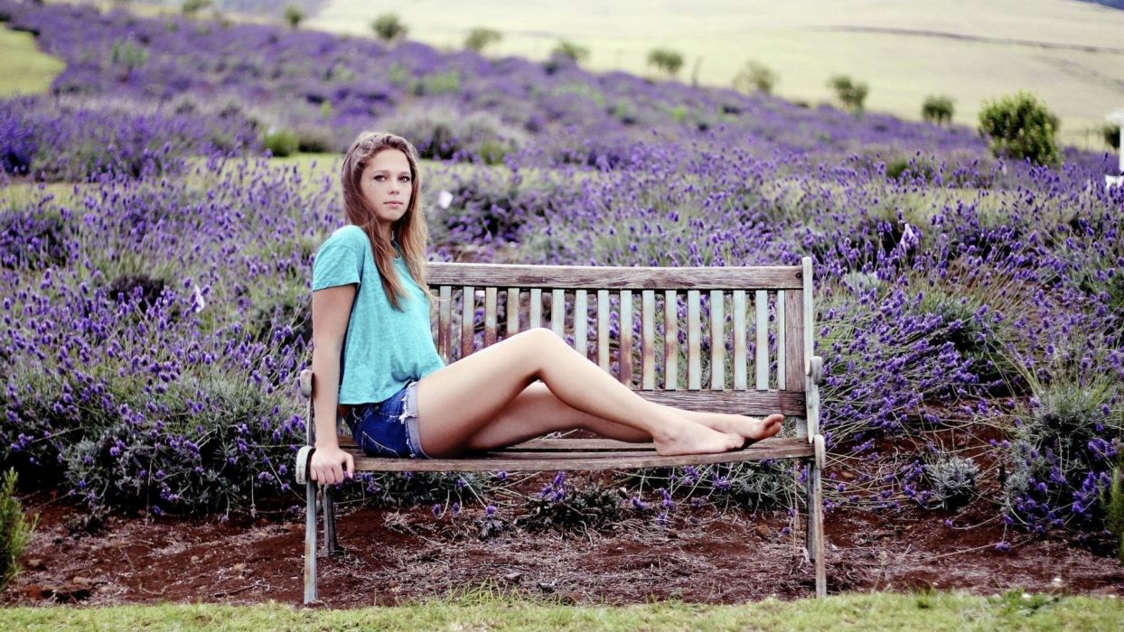 PHOTOGRAPHY Girls Women Model Sitting Bench Lilac Wallpaperx1080