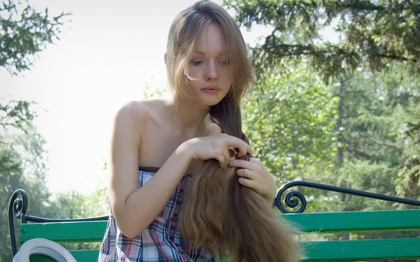 women model bare shoulders long hair bench wallpaper