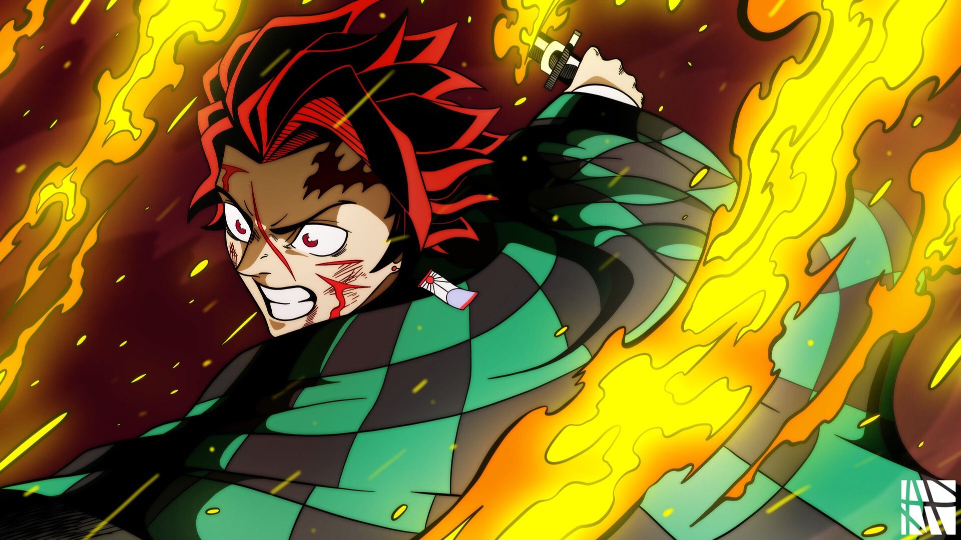 Demon Slayer Tanjiro Kamado And Fire On Sides HD Anime Wallpaper