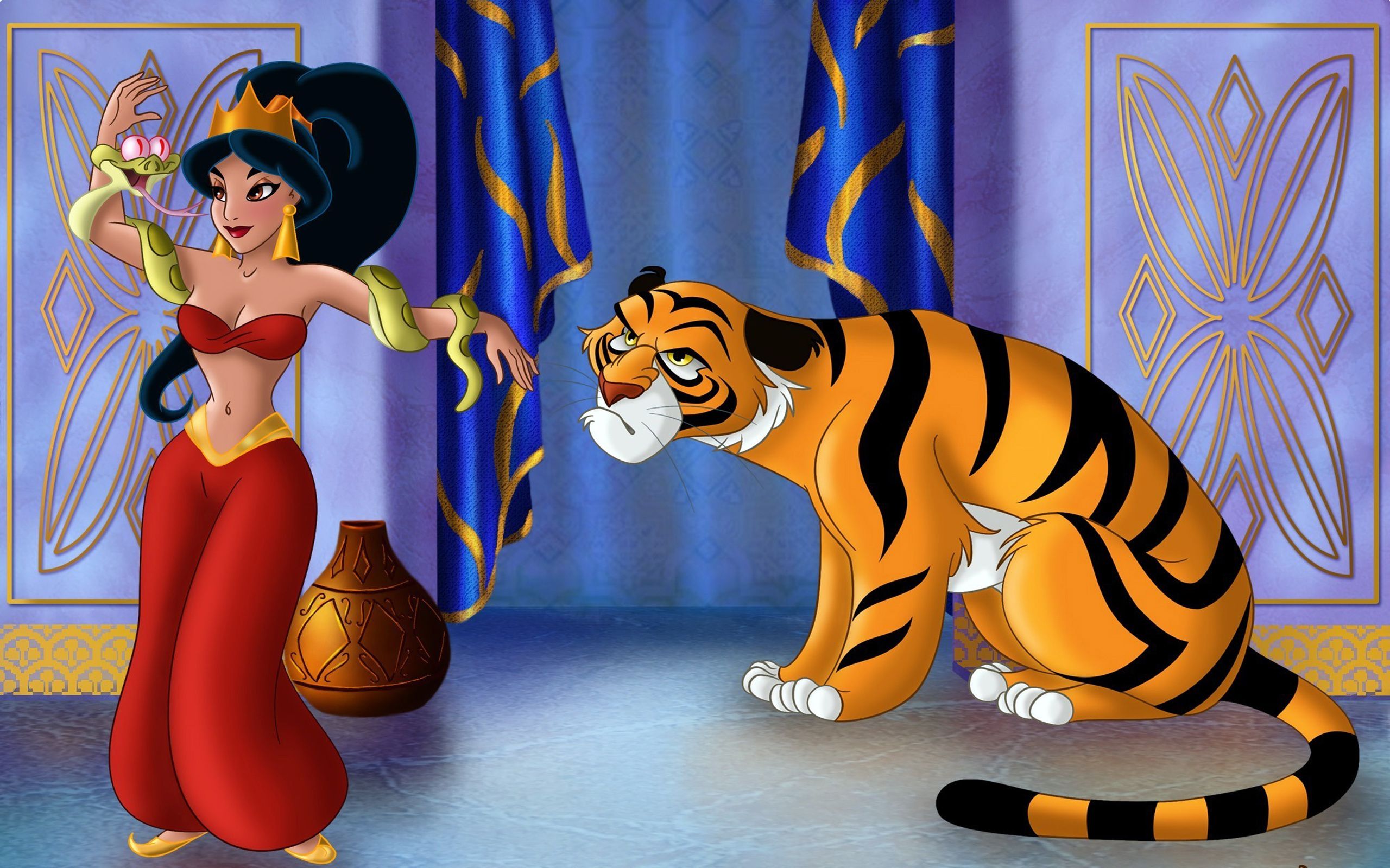 Princess Jasmine Dancing With Snake And Pet Tiger Cartoon Aladdin HD Wallpaper 2560x1600, Wallpaper13.com