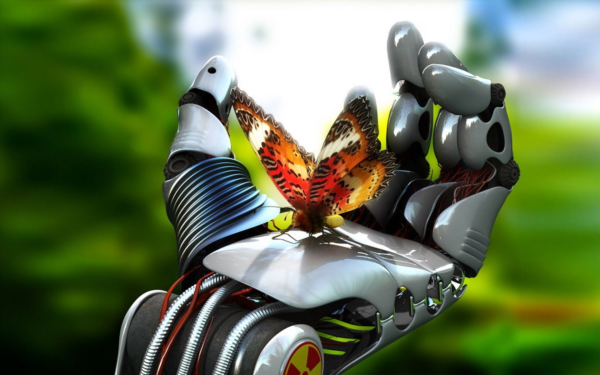 The butterfly sits on a steel robot arm wallpaper and image, picture, photo