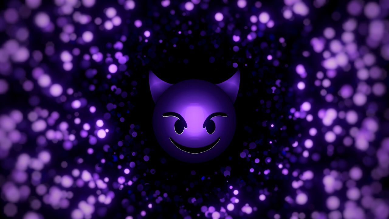 Wallpaper smile, smiley, devil, particles, purple hd, picture, image
