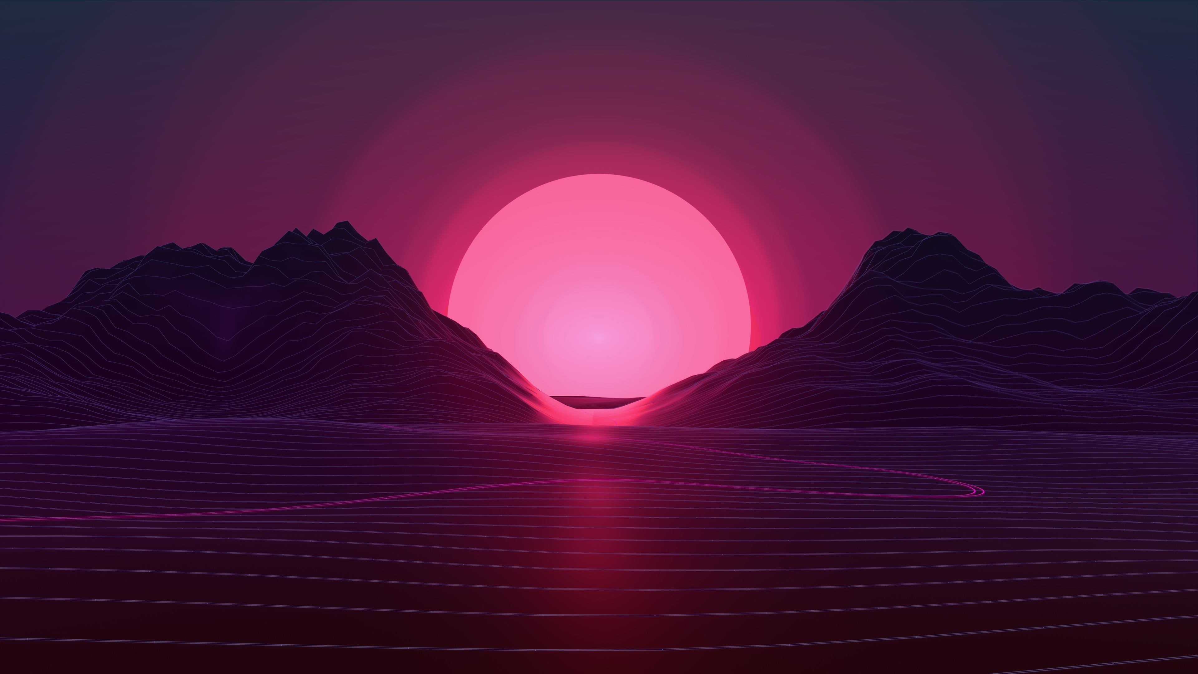 mountain and sun wallpaper, mountain with background of sunrise digital wallpaper #neon #sunset Retro style. Vaporwave wallpaper, Neon wallpaper, Sunset wallpaper