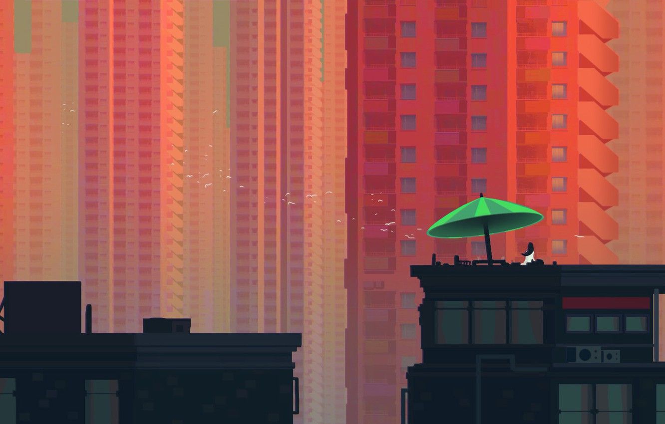 Wallpaper Minimalism, The city, Birds, Skyscrapers, Umbrella, Building, Roof, Architecture, Birds, Umbrella, Minimalism, Buildings, Skyscrapers, Architecture, Roof, Rooftop image for desktop, section минимализм