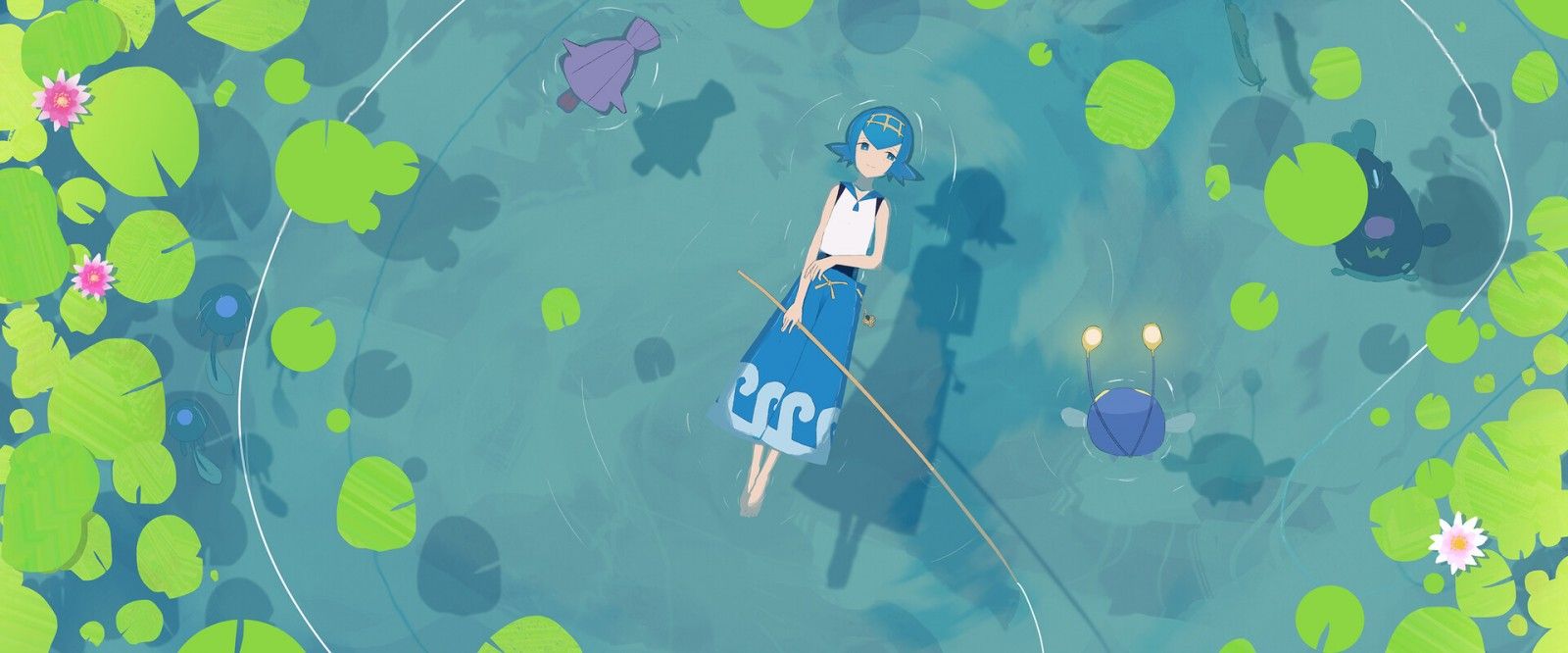 Wallpaper, anime girls, pokemon, water, blue hair, blue eyes, lana suiren 1920x800