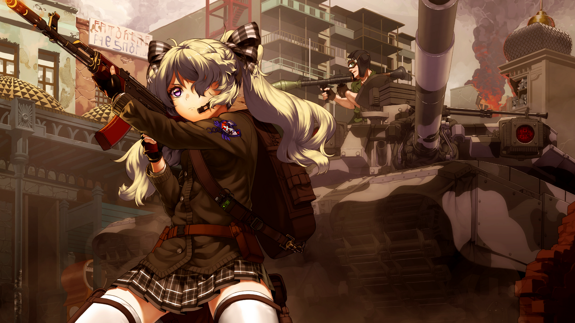 Anime Girls Anime Weapon Tank AK 47 Original Characters Gun Military Skirt Wallpaper:1920x1080