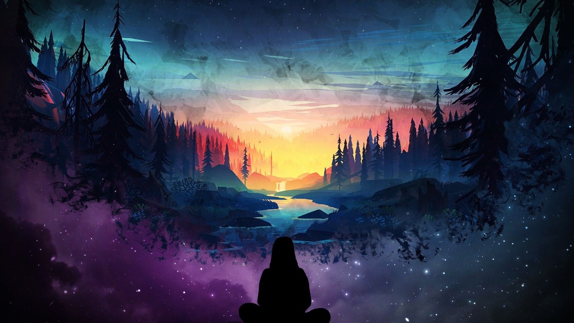Download 1920x1080 River, Girl, Silhouette, Forest, Scenic, Stars, Two Dimensions, Digital Art Wallpaper for Widescreen