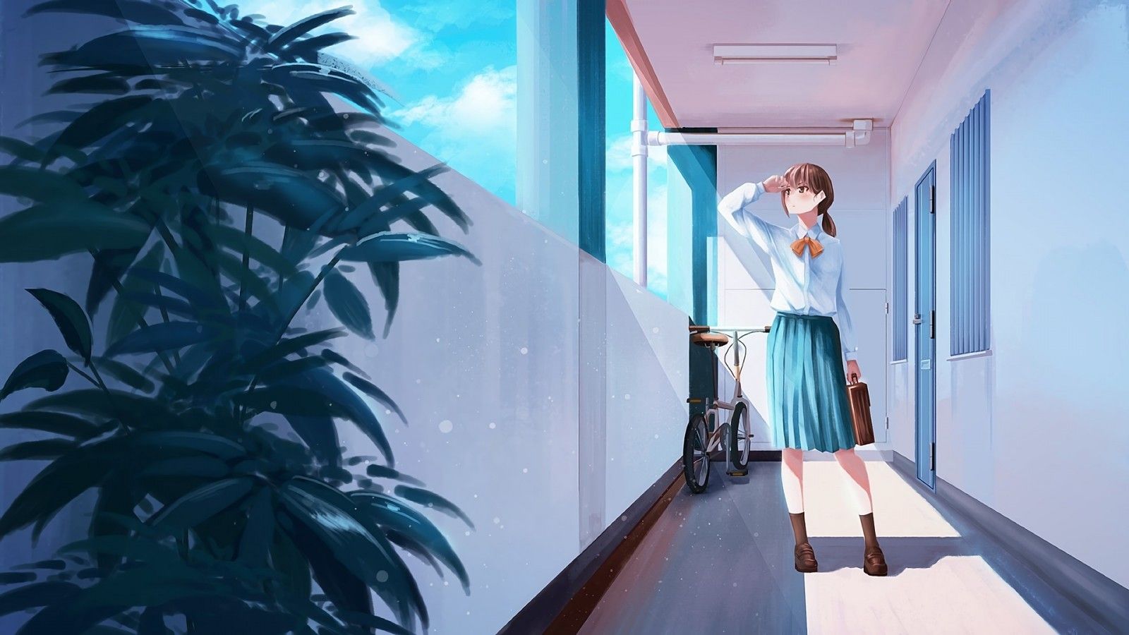 Download 1600x900 Anime Girl, Building, Apartment Complex, Sunlight, School Uniform Wallpaper