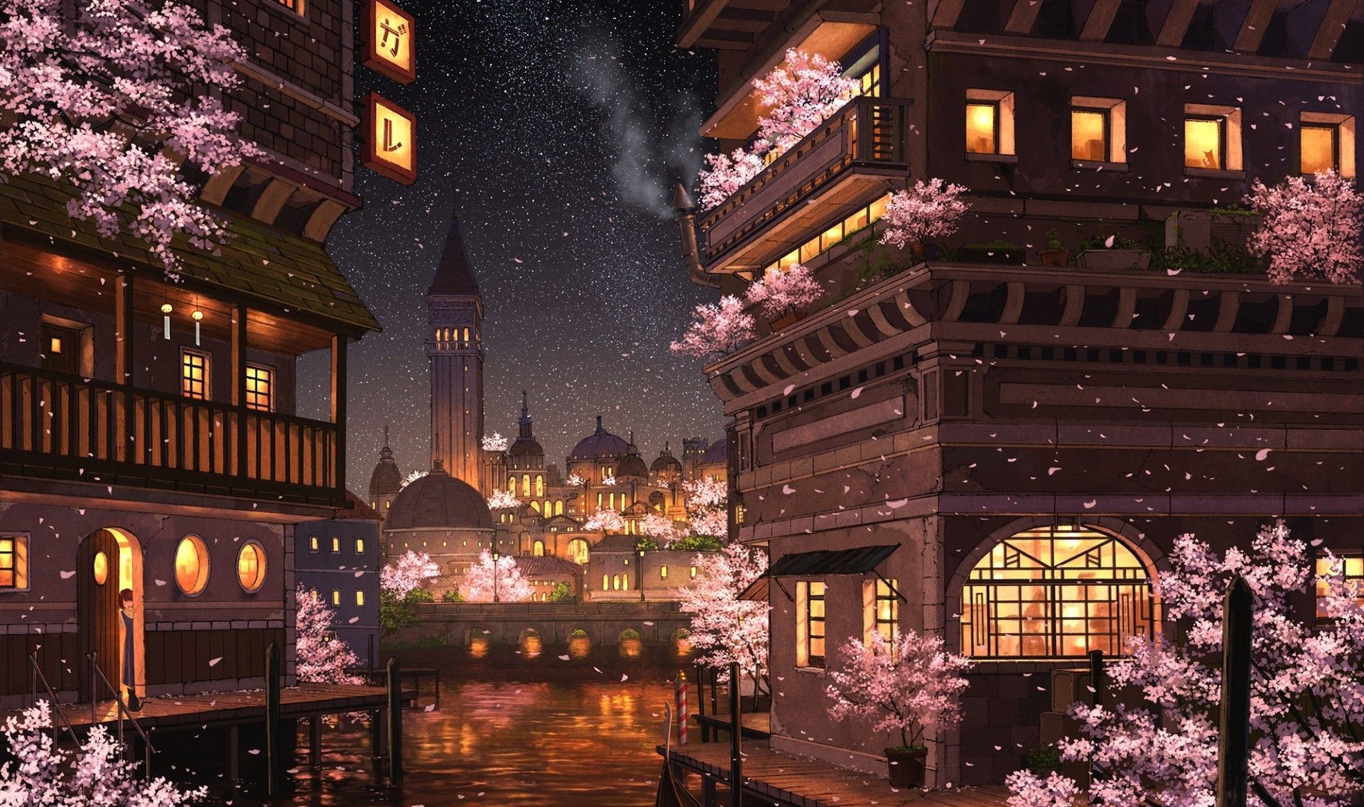 Download 1920x1136 Anime City, Sakura Blossom, Night, Buildings, Lights, Stars, River Wallpaper