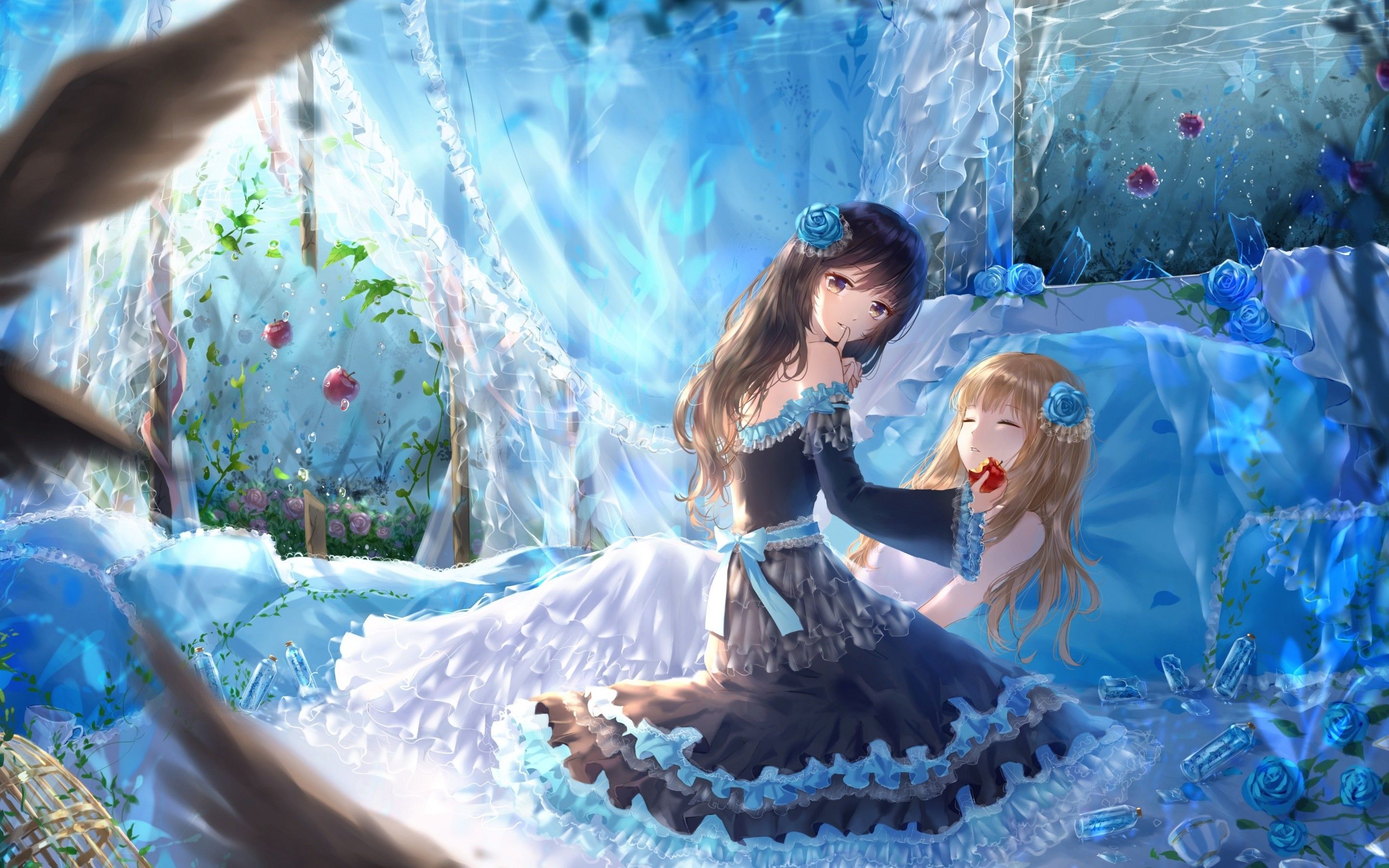 Download 2880x1800 Anime Girl, Underwater, Princess, Apple, Shhh, Blue Roses, Dresses Wallpaper for MacBook Pro 15 inch