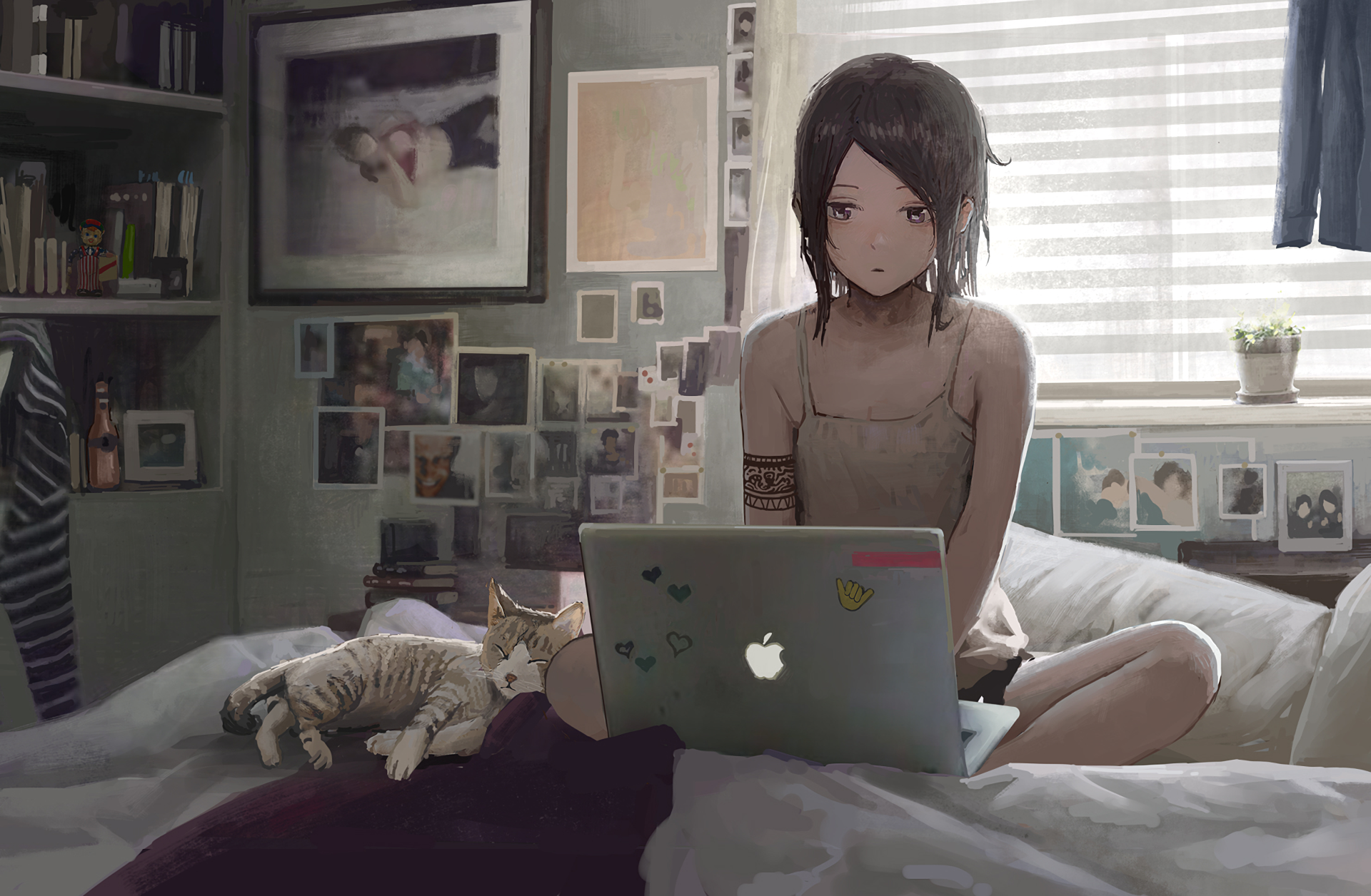 Women Anime Girls Brunette Cats Mac Book Bed Digital Art Artwork Laptop Bedroom Tattoo Original Char Wallpaper:1920x1256