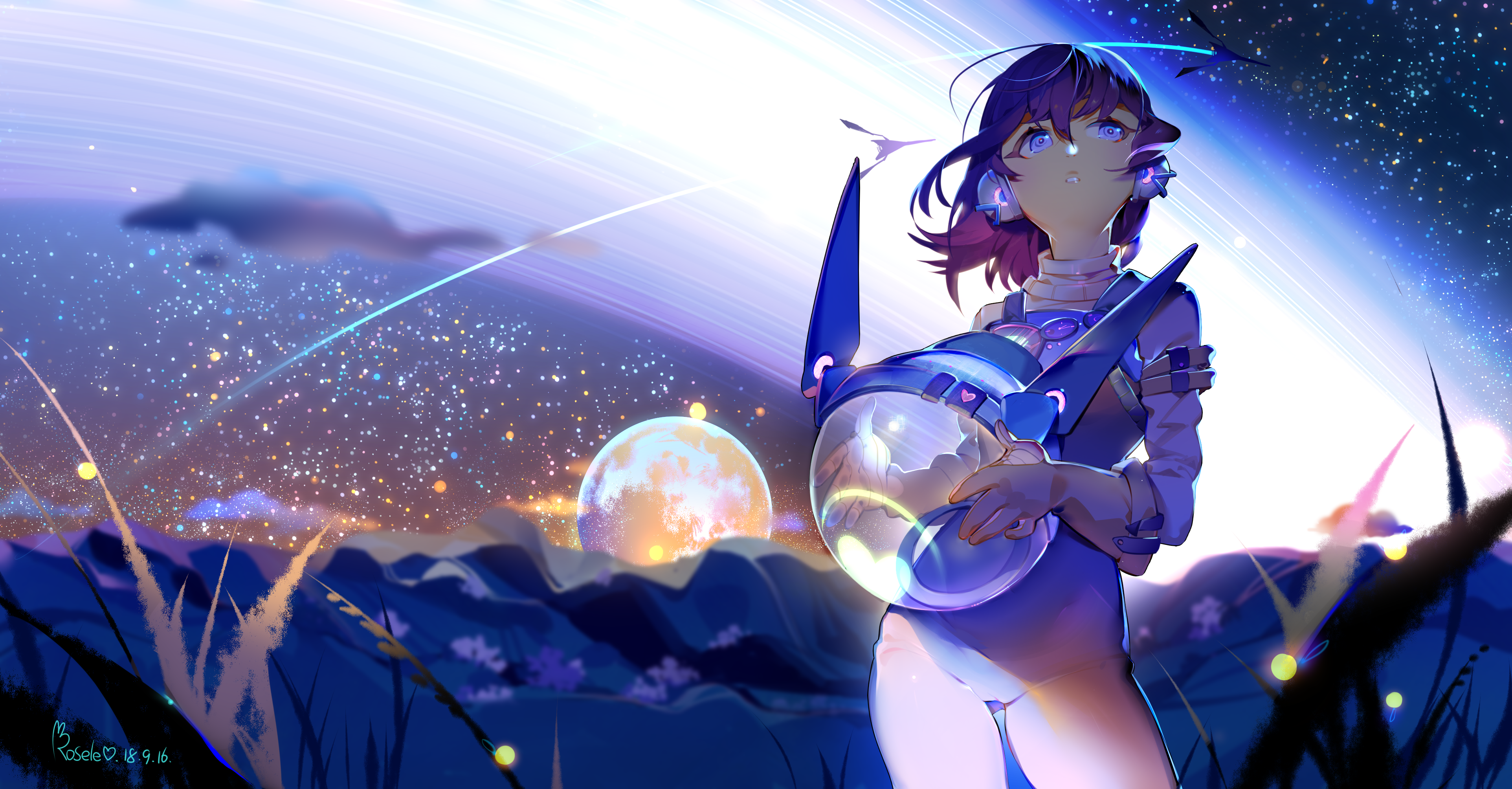 Anime Girls Anime Girls Space Sky Planet Astronaut 2016 Year Wallpaper:3848x2008