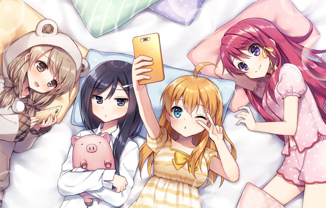 Wallpaper girls, toy, bed, selfie, purple image for desktop, section прочее