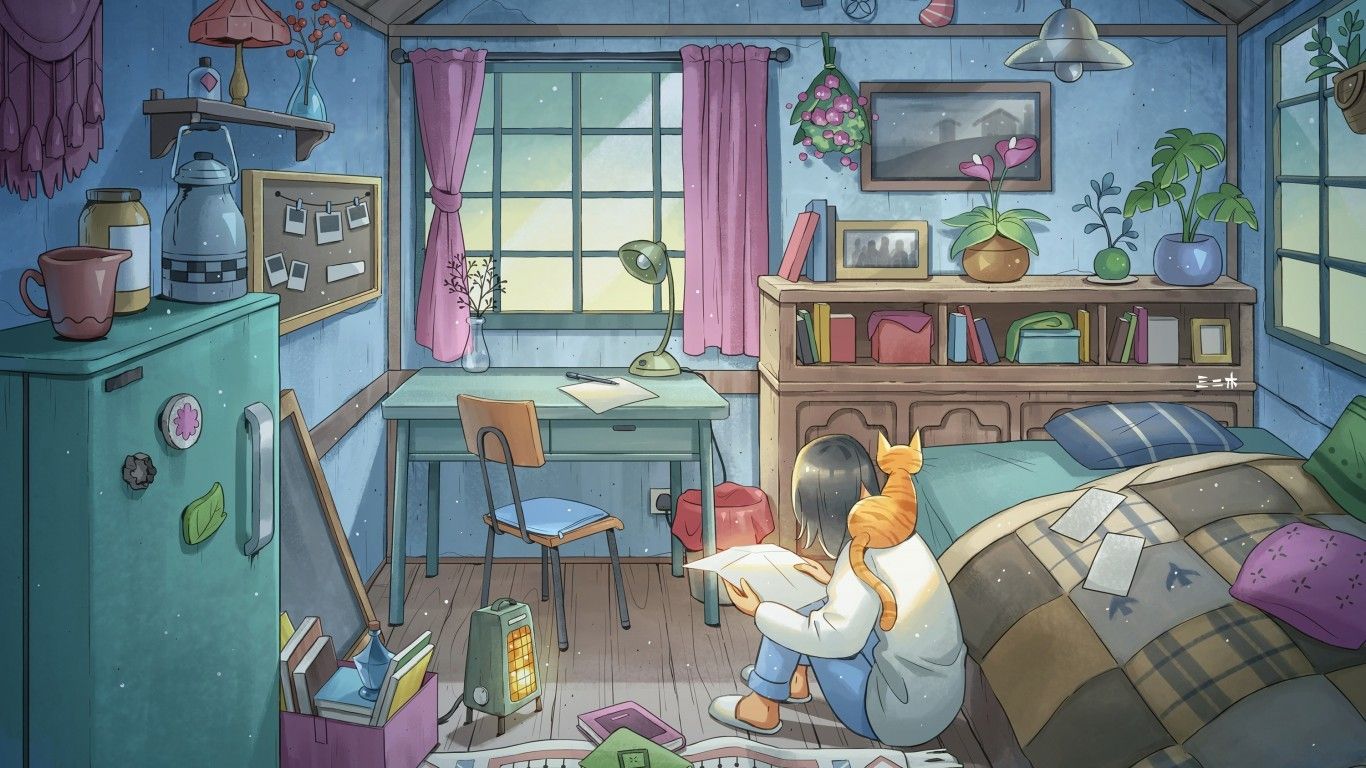 Download 1366x768 Anime Girl, Cat, Room, Bed, Window, Curtains Wallpaper for Laptop, Notebook