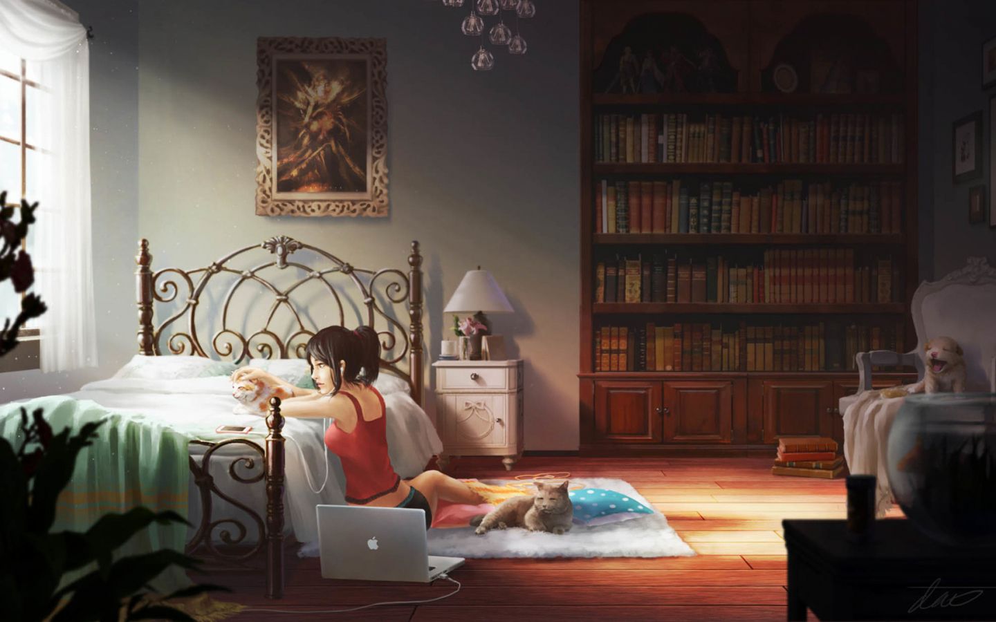 Desktop Wallpaper Cute Anime Girl, Relaxed, Bedroom, Original, HD Image, Picture, Background, 2860b7