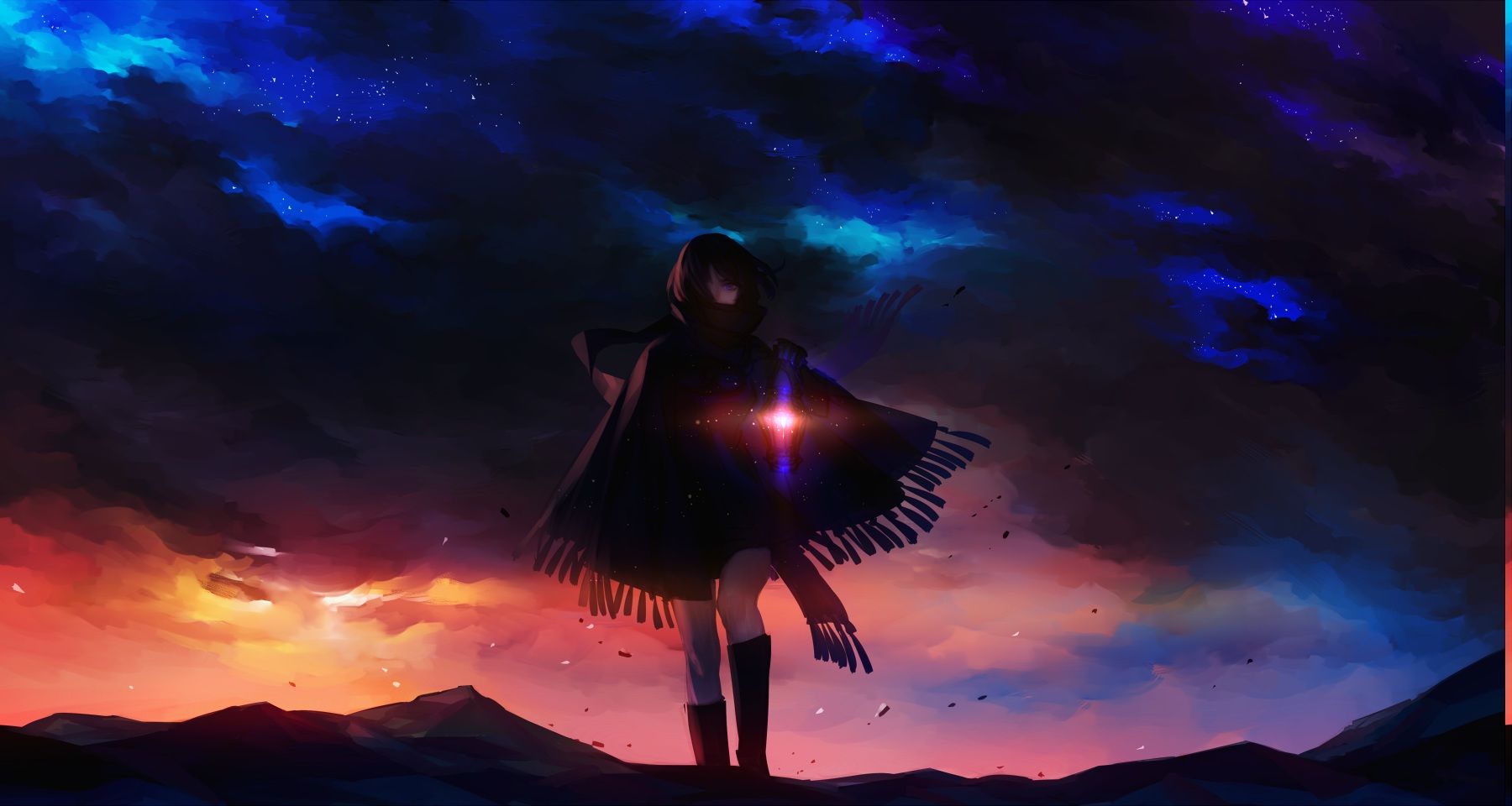 Wallpaper, sunset, anime girls, space, sky, evening, dark hair, atmosphere, purple eyes, cloud, darkness, screenshot, computer wallpaper, special effects, geological phenomenon, 1800x960 px 1800x960