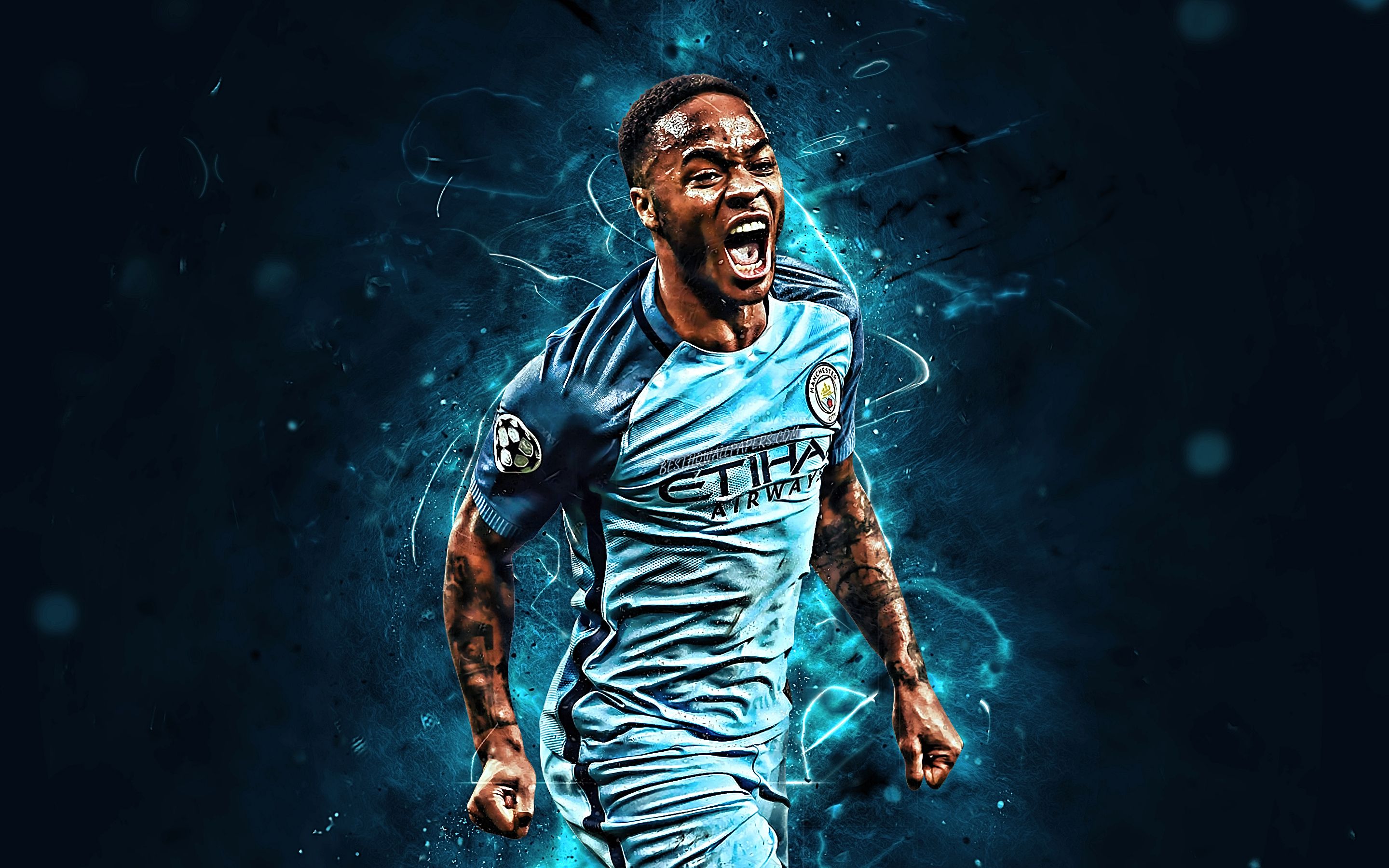 Download wallpaper Raheem Sterling, goal, Manchester City FC, joy, english footballers, soccer, Raheem Shaquille Sterling, Premier League, Man City, England, football, neon lights for desktop with resolution 2880x1800. High Quality HD picture