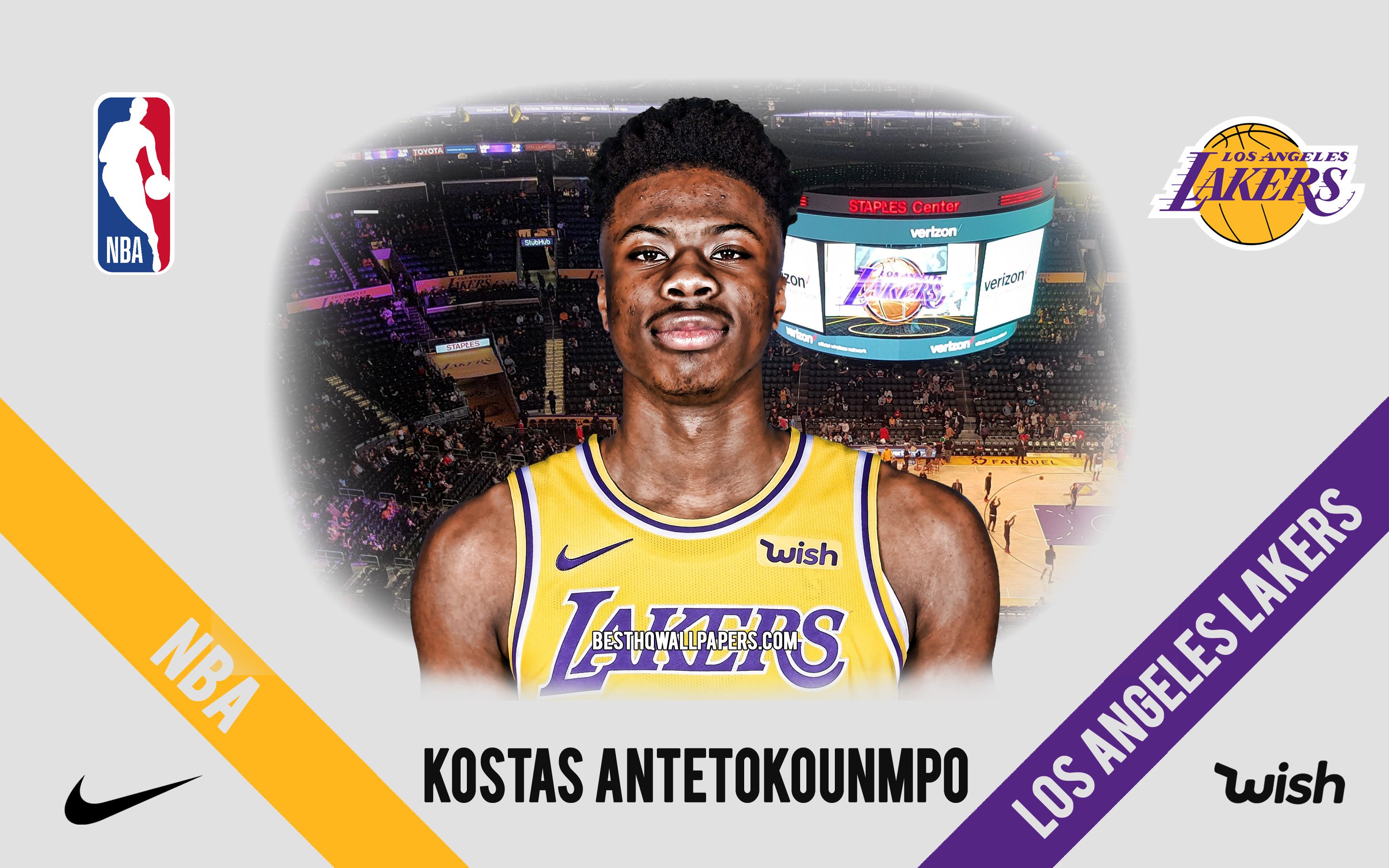 Download wallpaper Kostas Antetokounmpo, Los Angeles Lakers, Greek Basketball Player, NBA, portrait, USA, basketball, Staples Center, Los Angeles Lakers logo for desktop with resolution 2880x1800. High Quality HD picture wallpaper